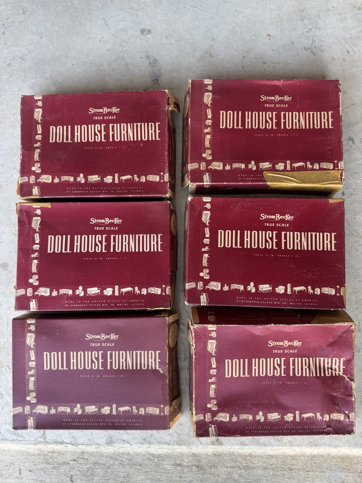 Vintage StromBecker True Scale Doll House Furniture 6 Box Lot 1:16 Bedroom 1950s