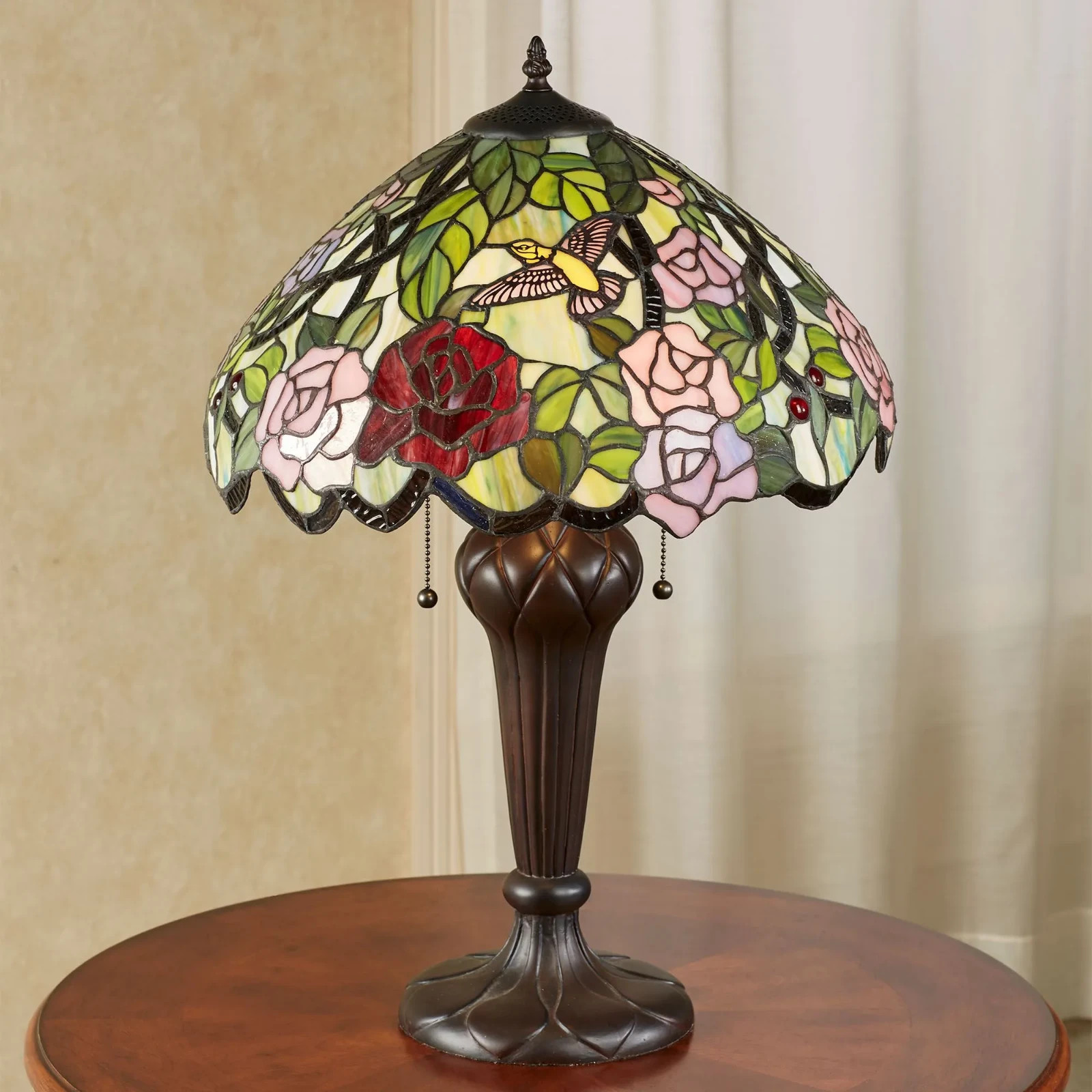 Roses Hummingbird Floral Tiffany Style Stained Glass Table Lamp