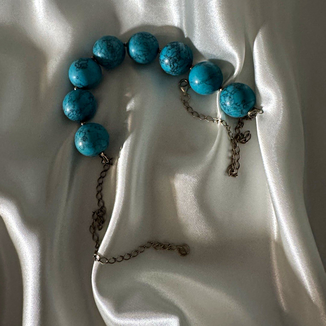 REAL Vintage Turquoise Blue Round Stone Beaded Necklace Silver Metal Cable Chain