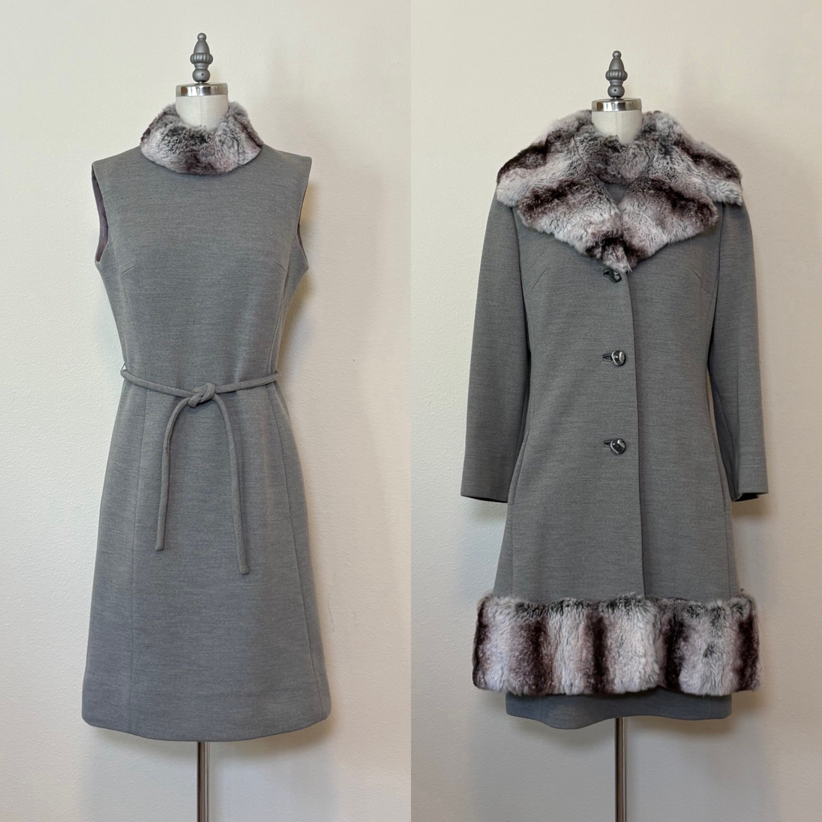 Vintage 60\'s Lilli Anne Dress Coat Set, Heather Grey Wool Knit Chinchilla Fur