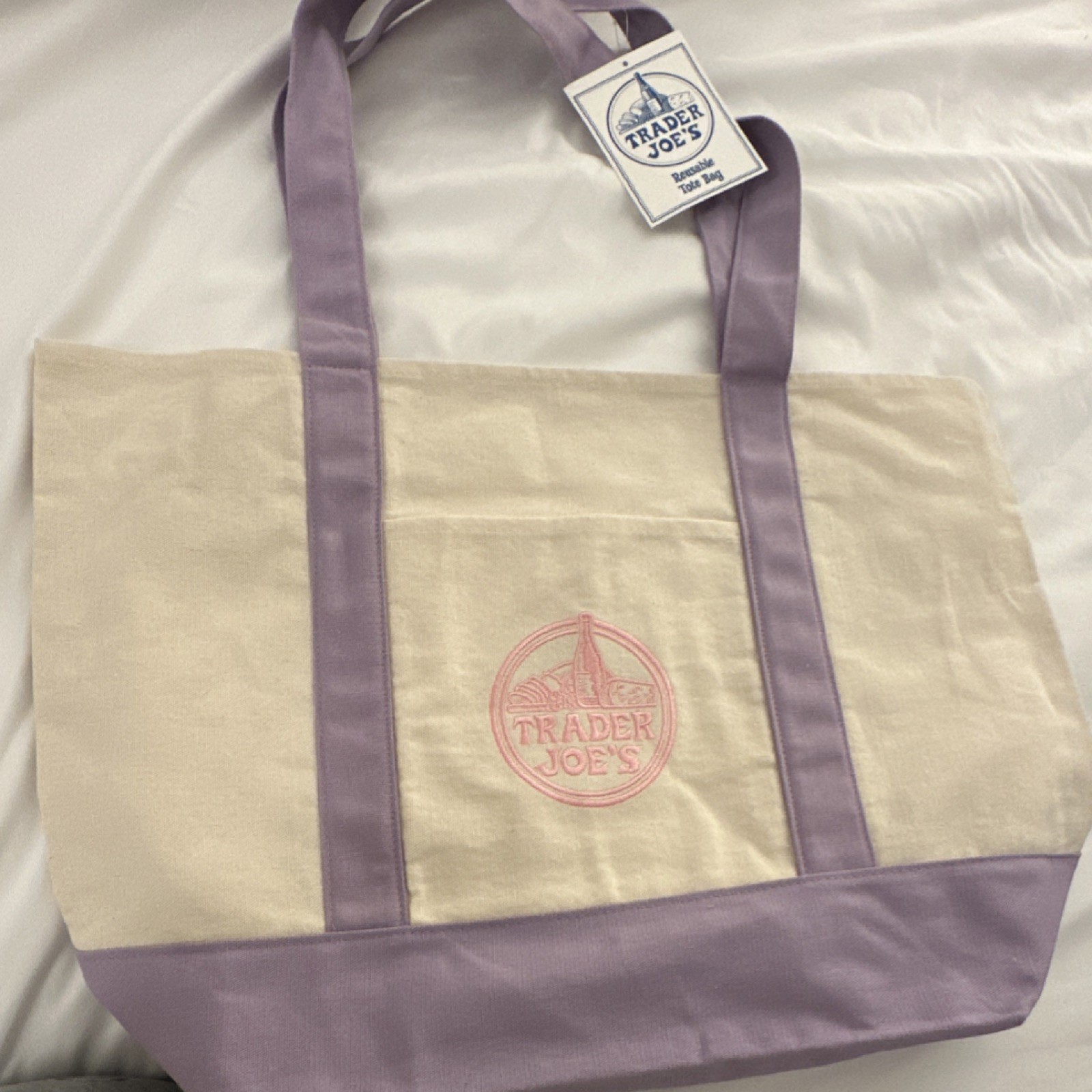 DISCONTINUED Viral Trader Joe’s Lavender Canvas Tote - Pink Logo - SOLD OUT 