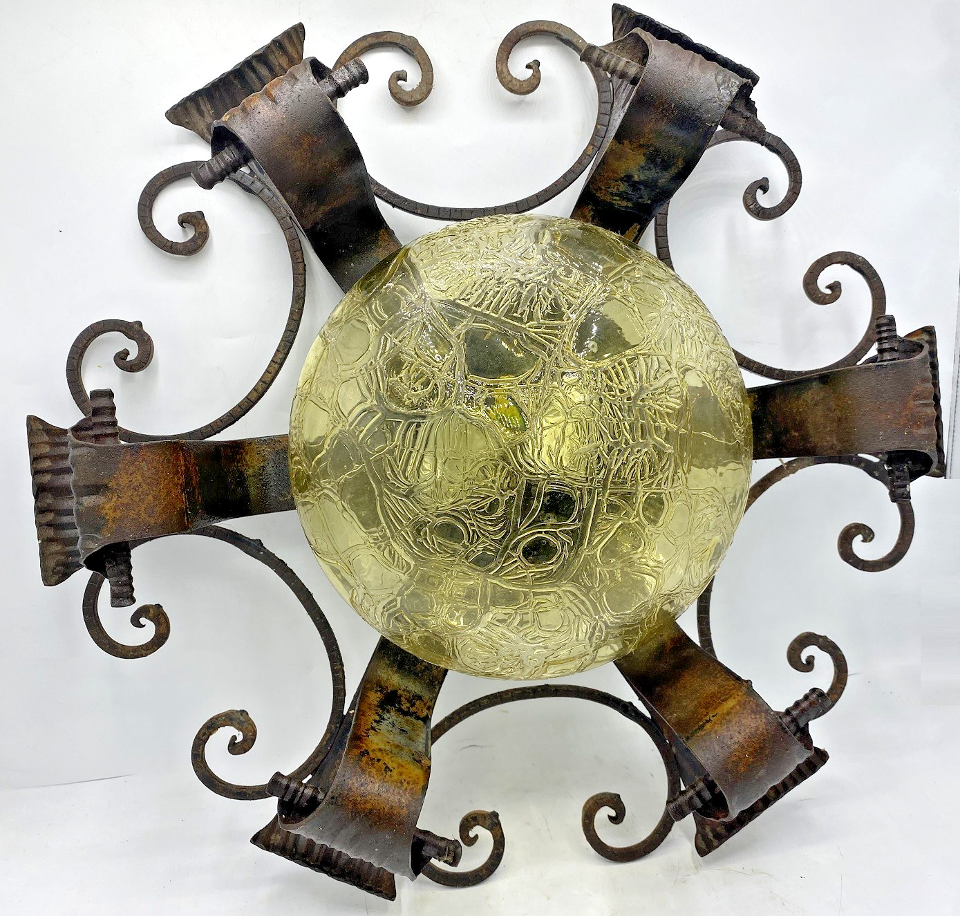 Large antique french ceiling light lamp early 1900\'s iron glass globe Large antique french ceiling light lamp early 1900\'s iron glass globe