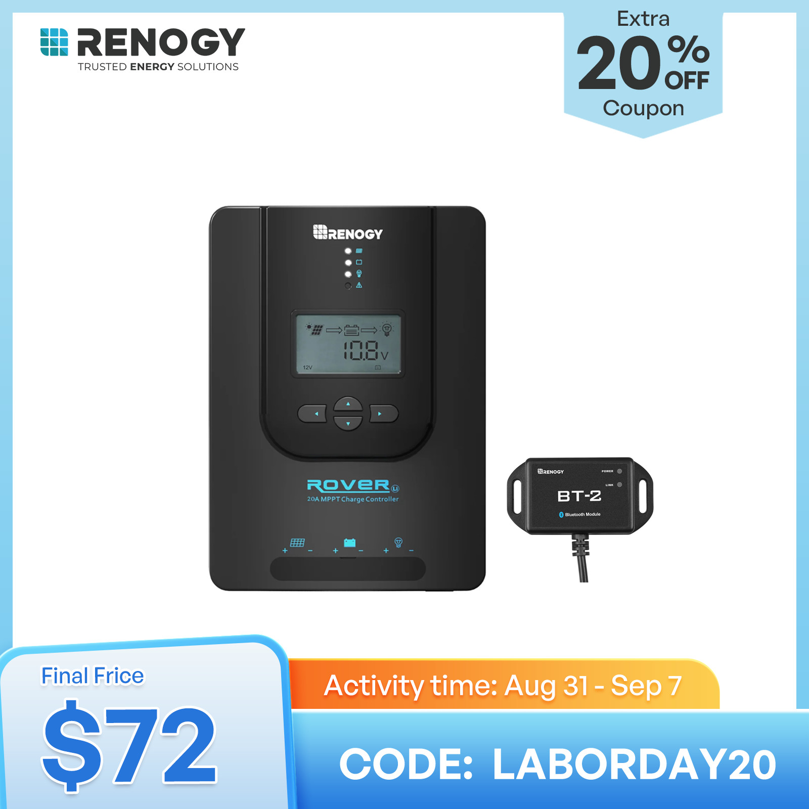 Renogy Rover 20A 12V/24V MPPT Solar Charge Controller LCD Regulator w/ Bluetooth