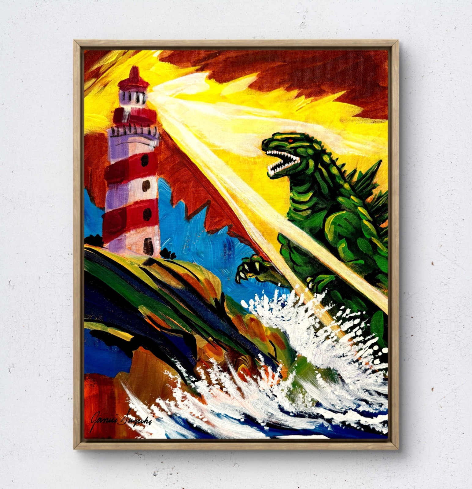 JANICEART 14x11 Lighthouse Zilla Kaiju Original Abstract Collectible Wall Art