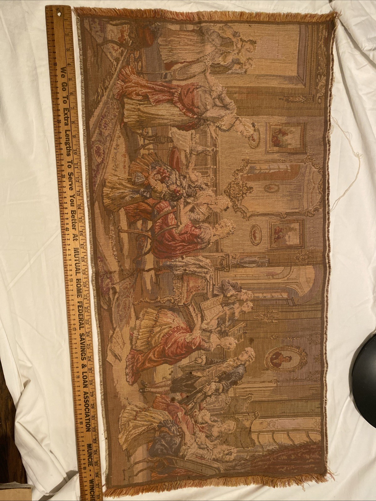 Antique Woven Belgian Tapestry, Victorian 18th Century Parlor Party Scene 38x19