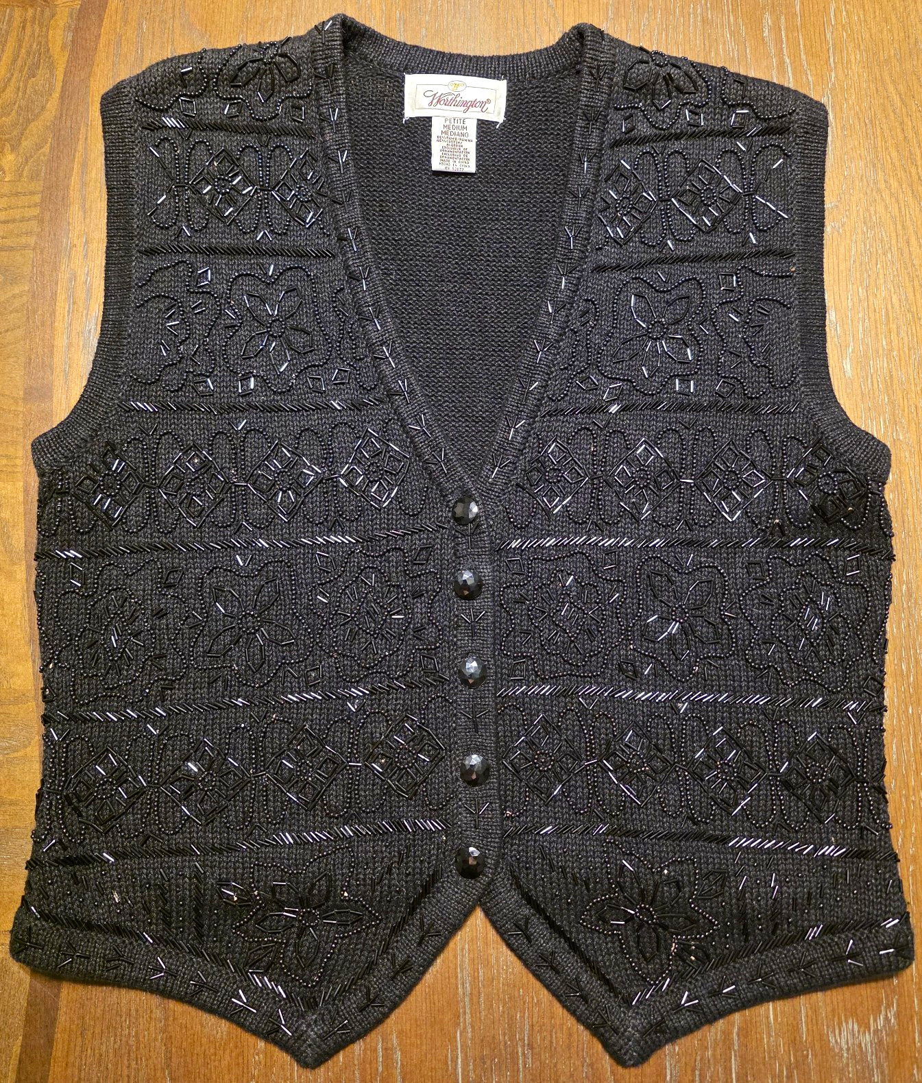 Vintage Worthington Black Beaded Floral Knit Vest Petite Medium 90s Whimsigoth
