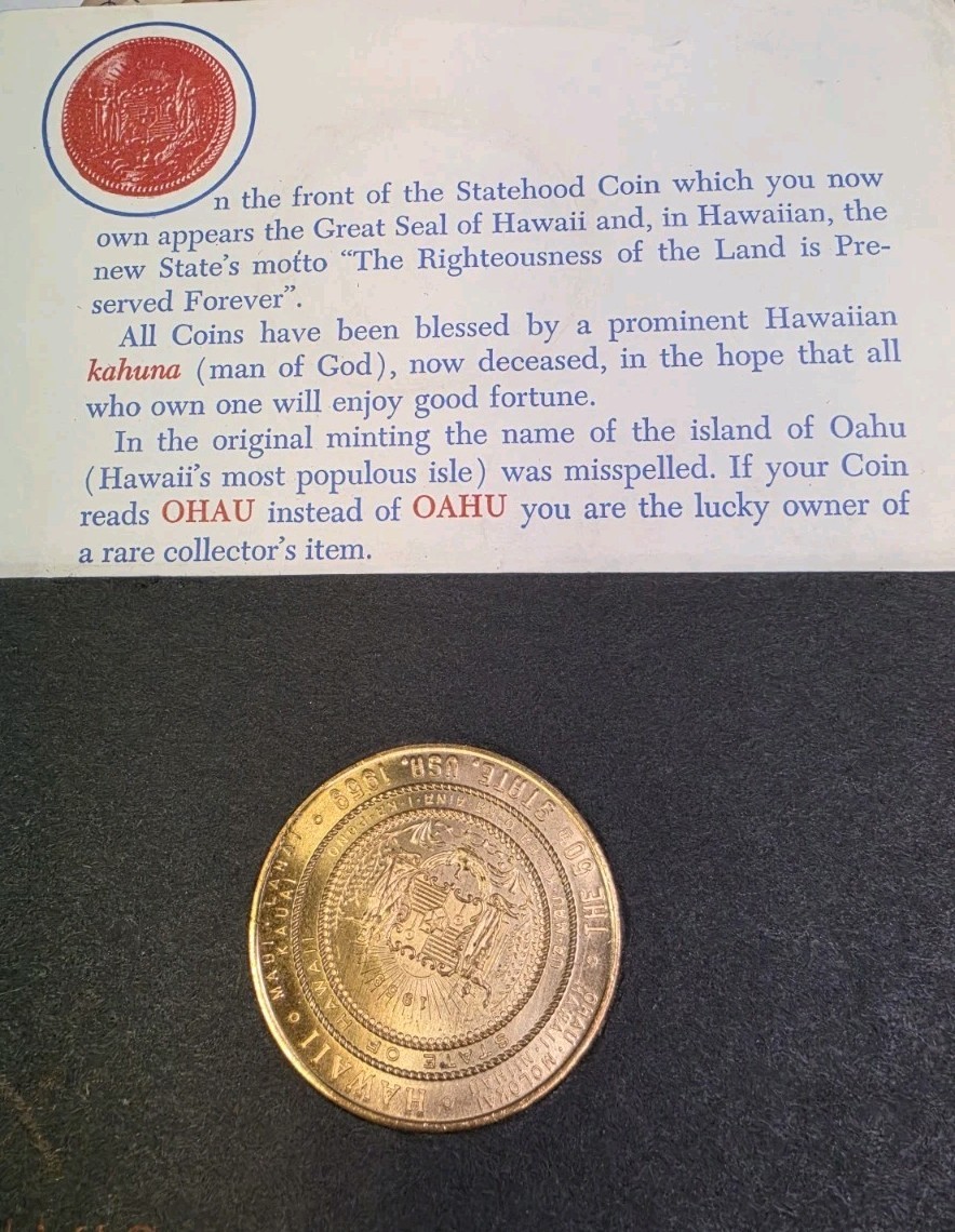 1959 Hawaii Statehood $1 OHAU ERROR Coin Gold Plated Original Folder RARE