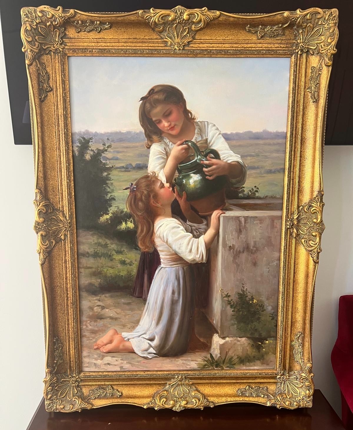 A La Fontaine Oil Painting After William Adolphe Bouguereau Two Sisters Fountain