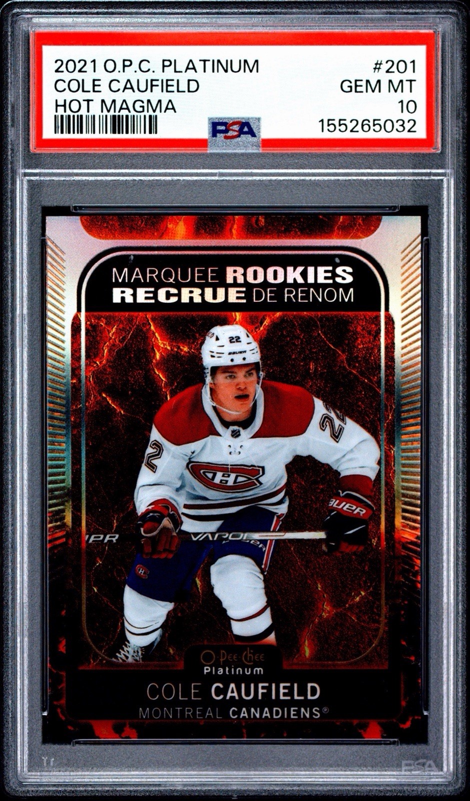 2021-22 O-Pee-Chee Platinum -Rookies Cole Caufield 201 Hot Magma /499 PSA 10