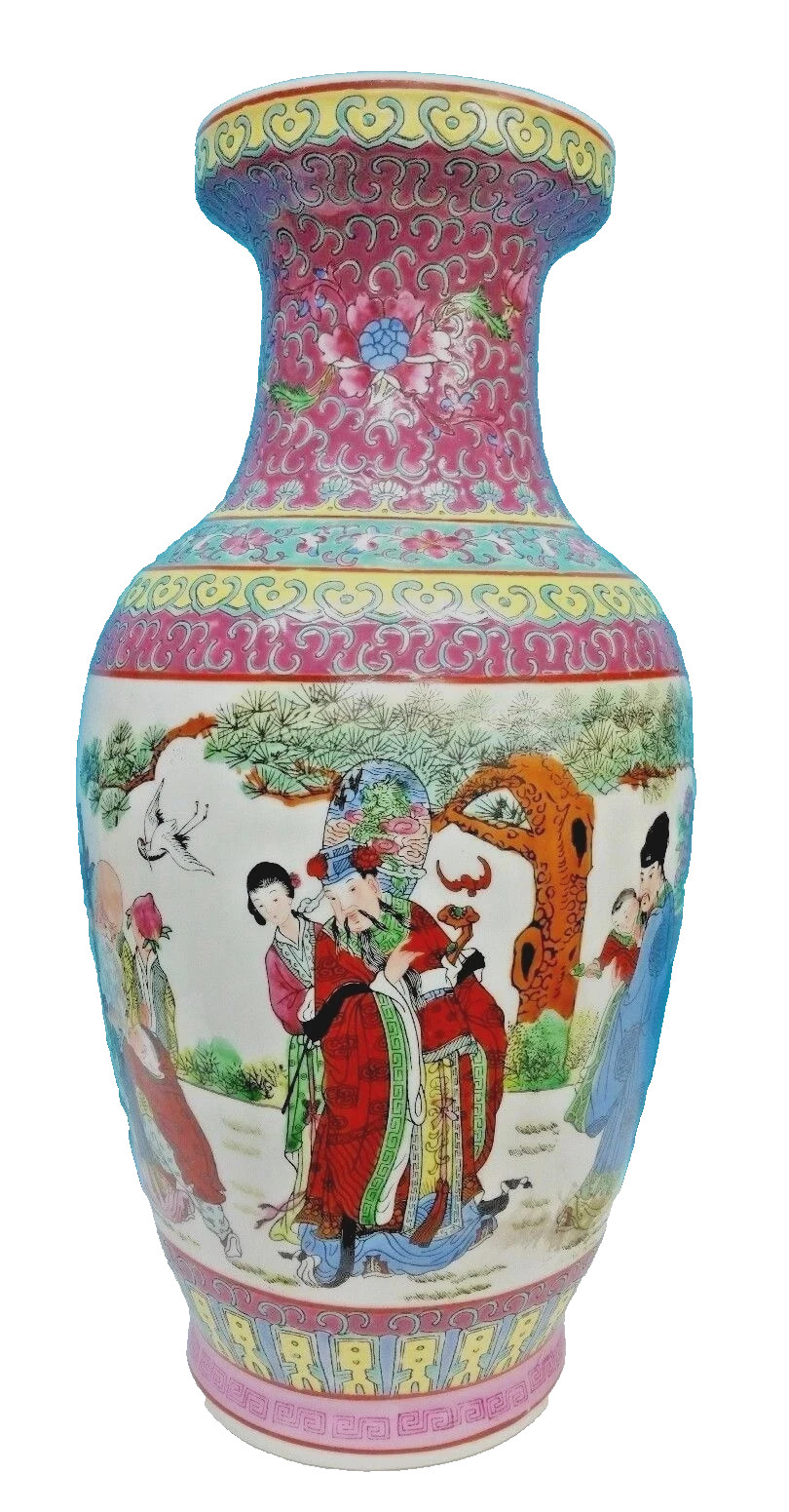 CHINESE ENAMELED PORCELAIN SEALED VASE HAND PAINTED 18 INCHES TALL CHINESE ENAMELED PORCELAIN SEALED VASE HAND PAINTED 18 INCHES TALL