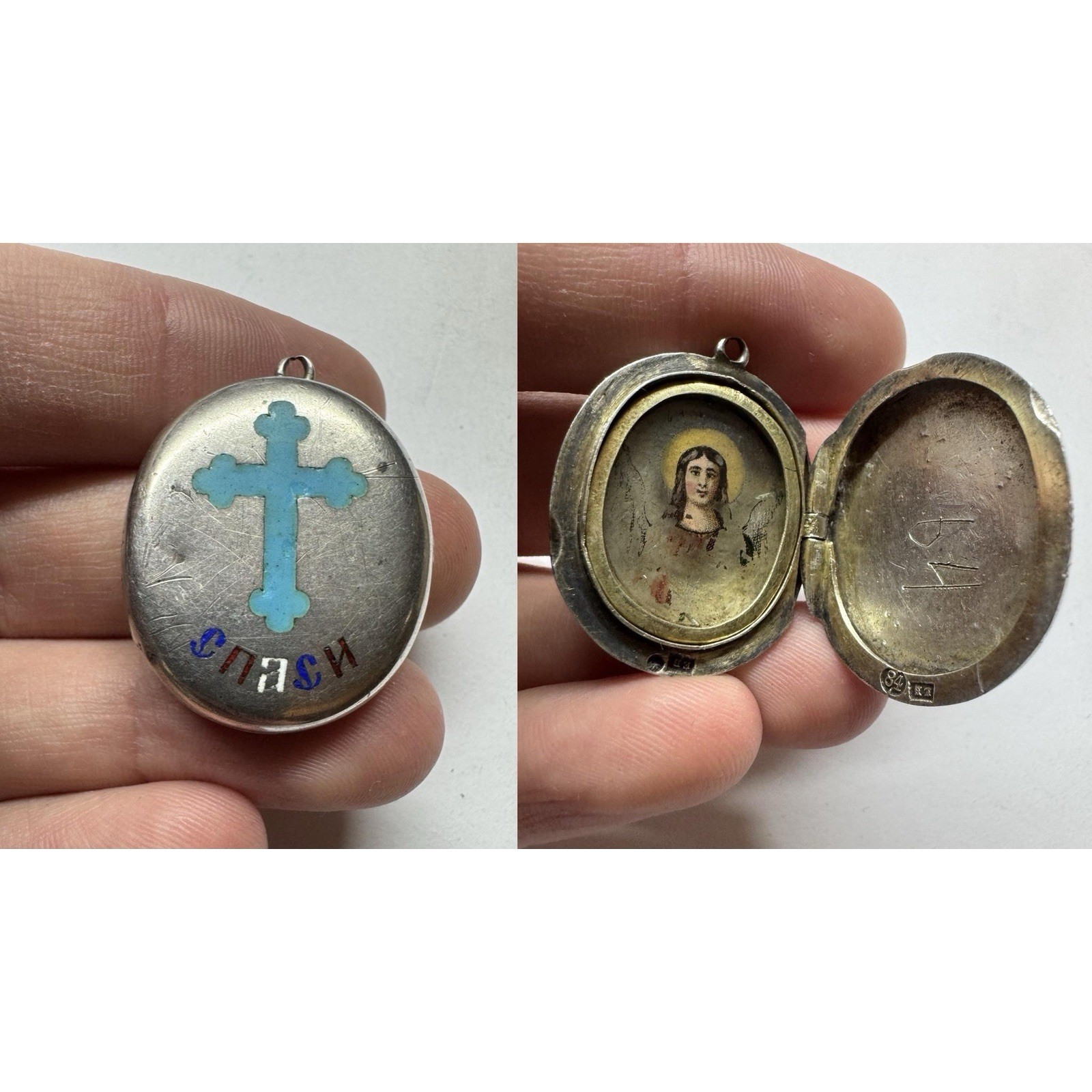 Antique Russian Imperial 84 Silver Locket EV Enamel Cross SPASI Angel Icon 10.4g