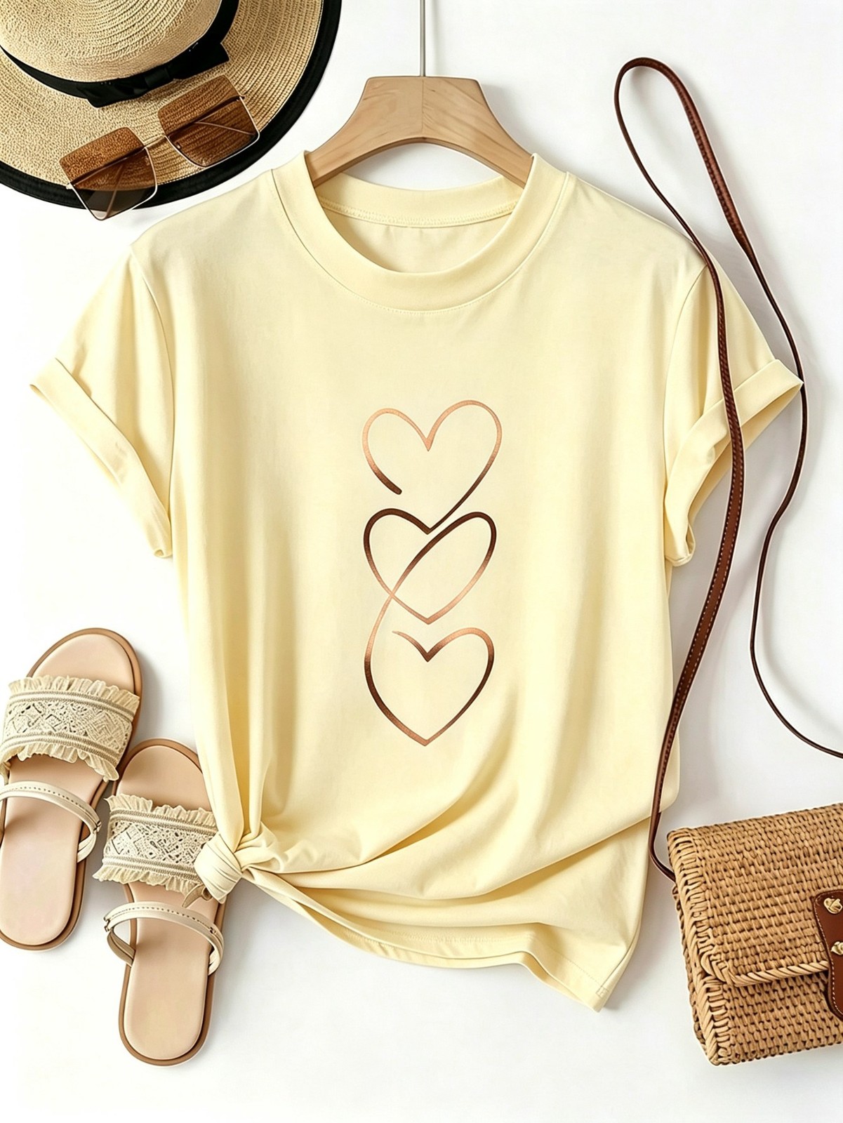 Women's T‑Shirt Elegant Rose‑Gold Heart Simple Versatile Daily Wear Top Women's T‑Shirt Elegant Rose‑Gold Heart Simple Versatile Daily Wear Top