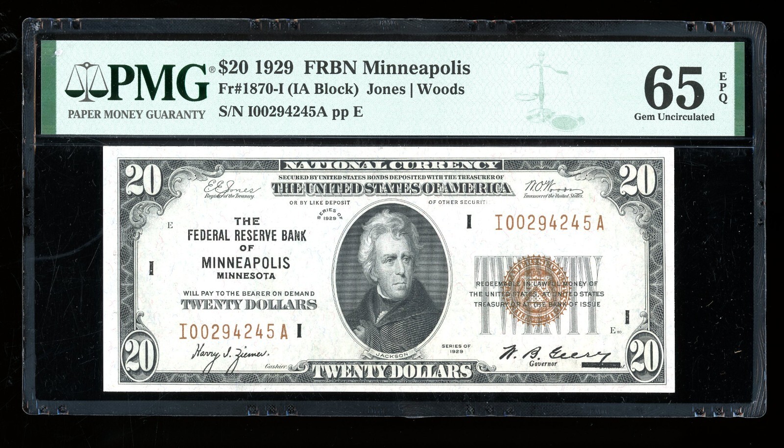 DBR 1929 $20 FRBN Minneapolis Fr. 1870-I Gem PMG 65 EPQ Serial I00294245A