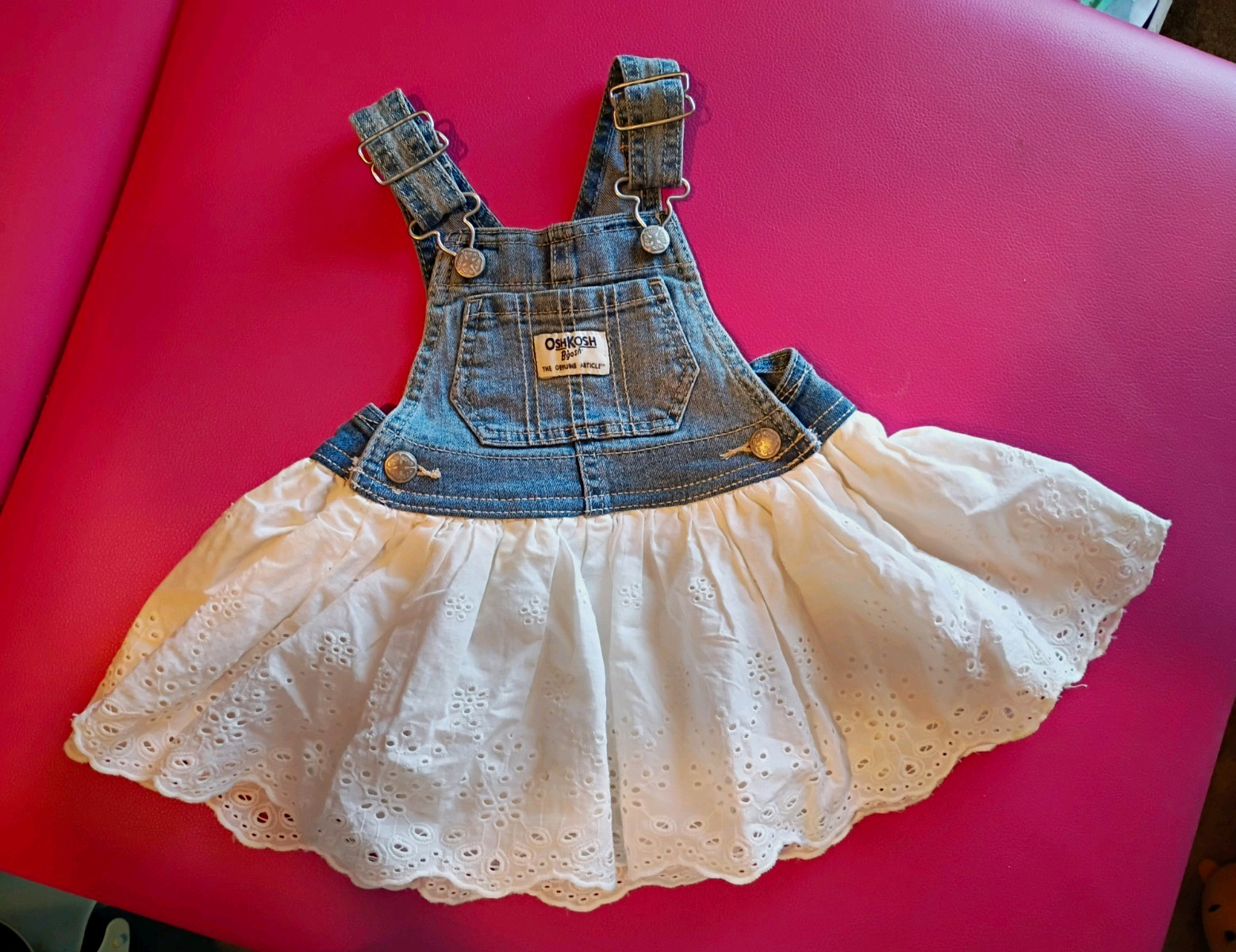 OshKosh B'gosh Denim Overall Dress Floral Eyelet Ruffle Square Neck 9-12M