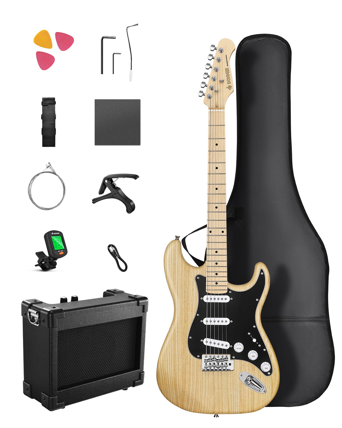 🎸 Donner DST-80 Electric Guitar Bundle SSS Pickups Wood Grain Design | Natural 🎸 Donner DST-80 Electric Guitar Bundle SSS Pickups Wood Grain Design | Natural