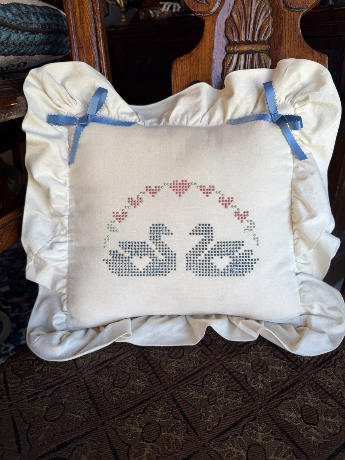 Vintage Handmade Pillow w/ Ruffles Goose Hearts Cottagecore Grandmacore 80s
