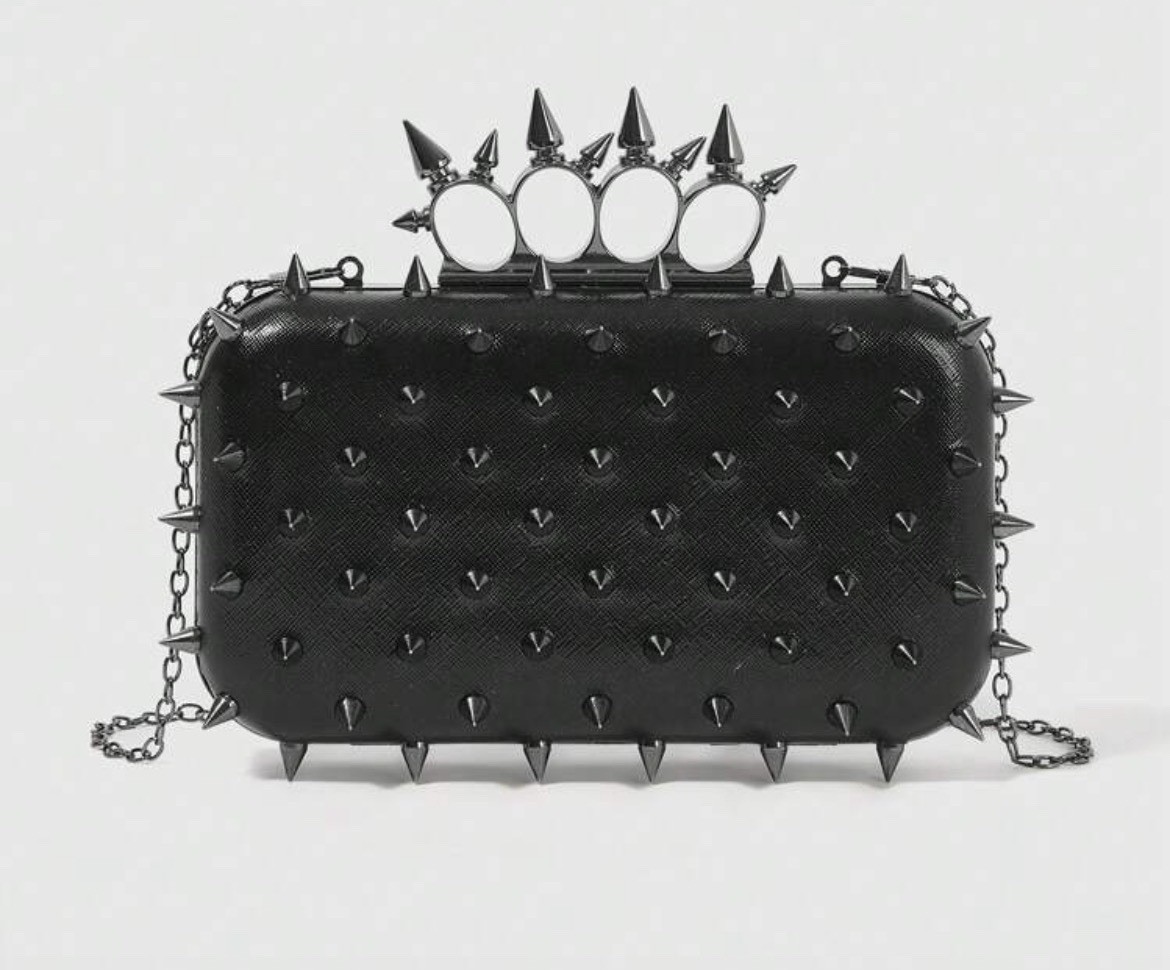 Black Spike Knuckle Ring Studded Clutch Punk Biker Bag Purse Goth