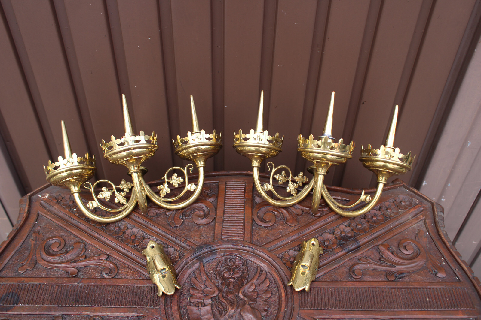 PAIR 19thc church wall candelabras candlesticks bronze neo gothic PAIR 19thc church wall candelabras candlesticks bronze neo gothic