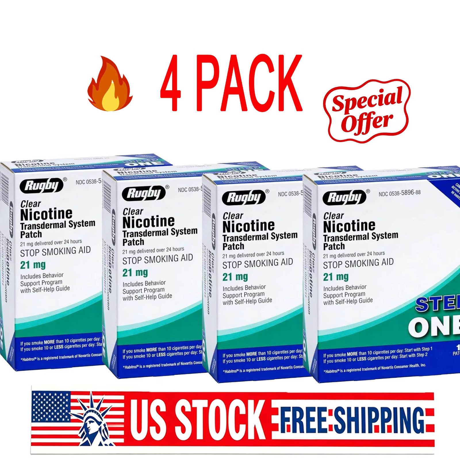 Rugby Clear Nicotine 21mg Transdermal System Patch Step Exp 06/2028-4 PACK Rugby Clear Nicotine 21mg Transdermal System Patch Step Exp 06/2028-4 PACK