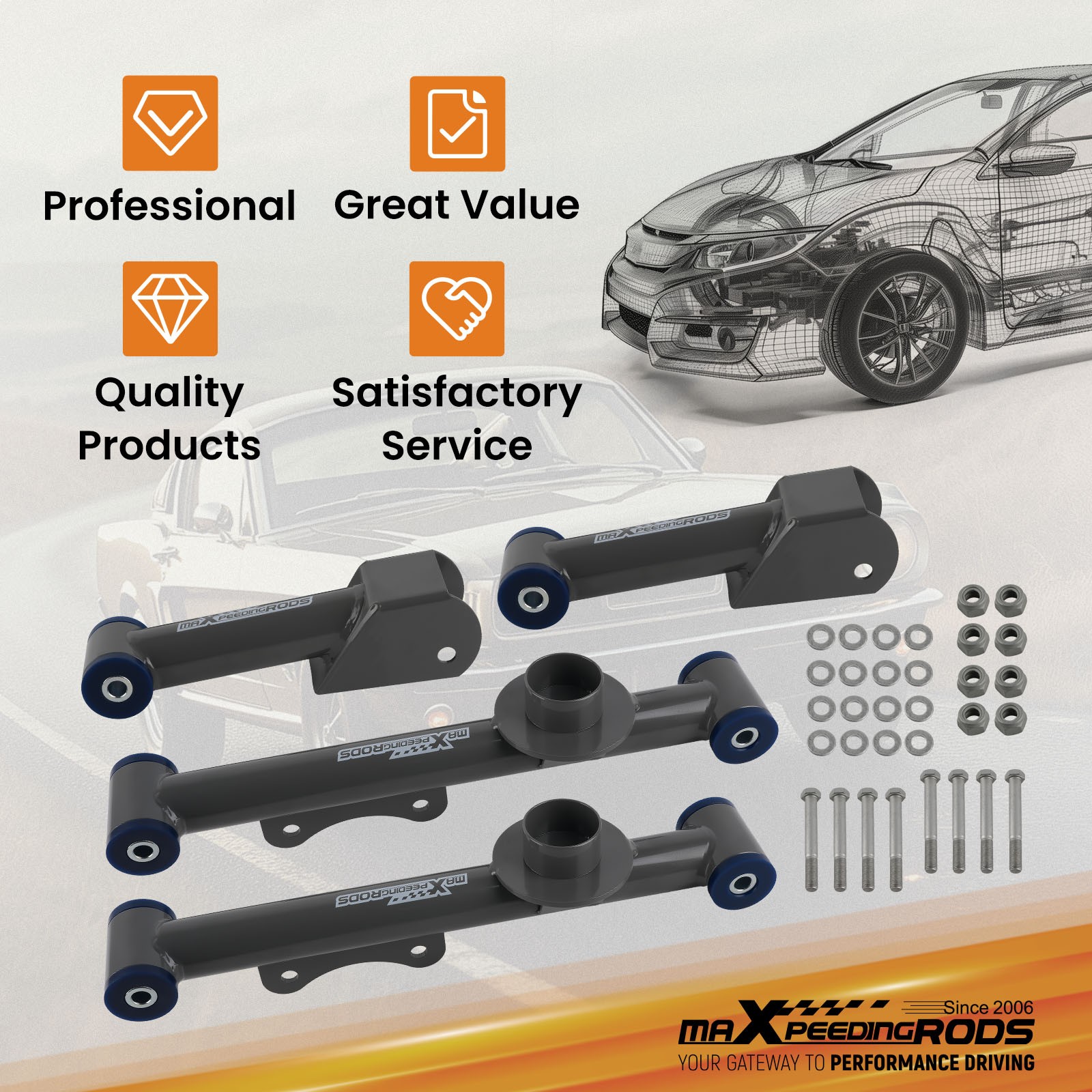 4Pcs Rear Upper & Lower Tubular Control Arms For Ford Mustang 1979-2004 Gray