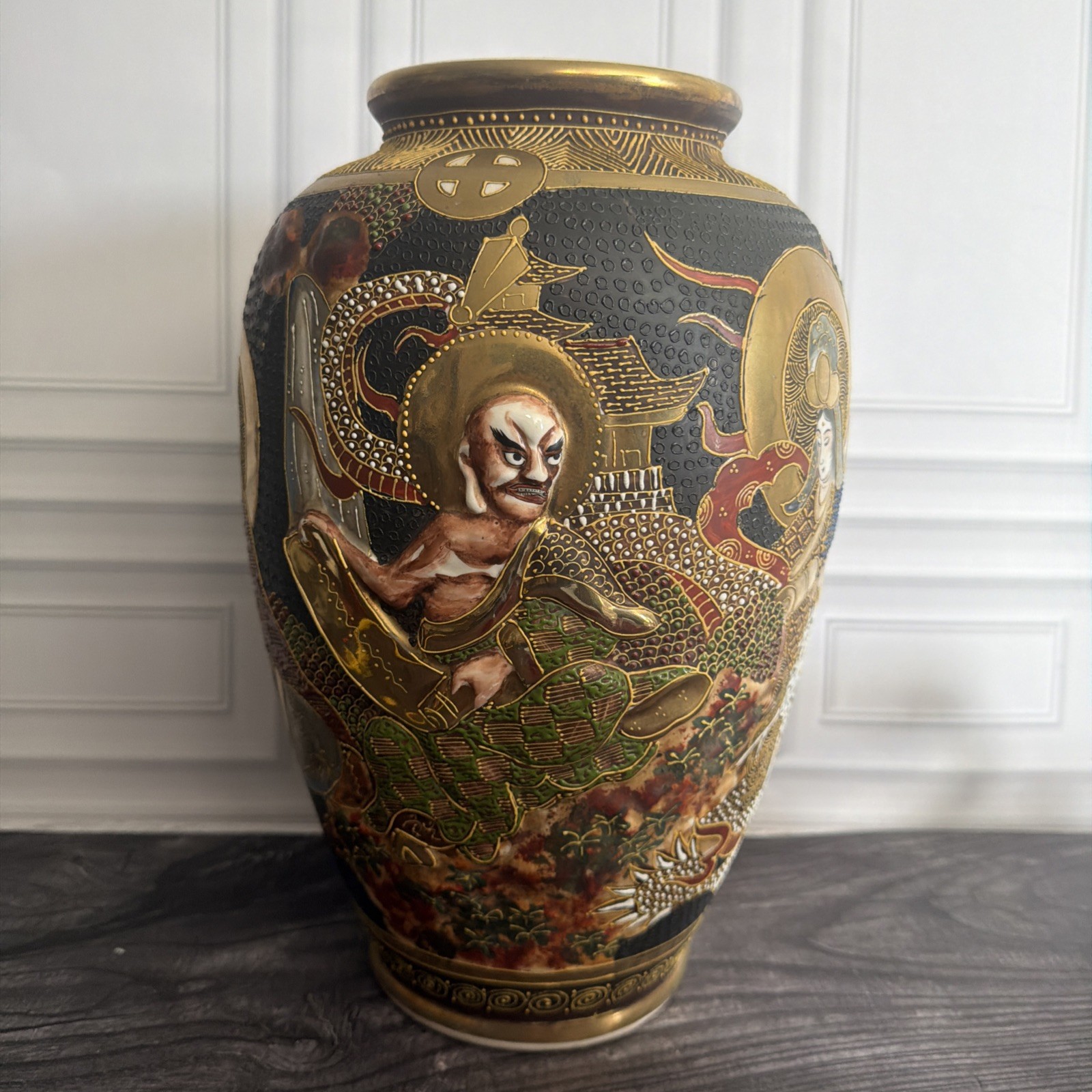 13” Japanese Satsuma Moriage Vase Lamp Base Hole Gold Gilt Immortals Arhat