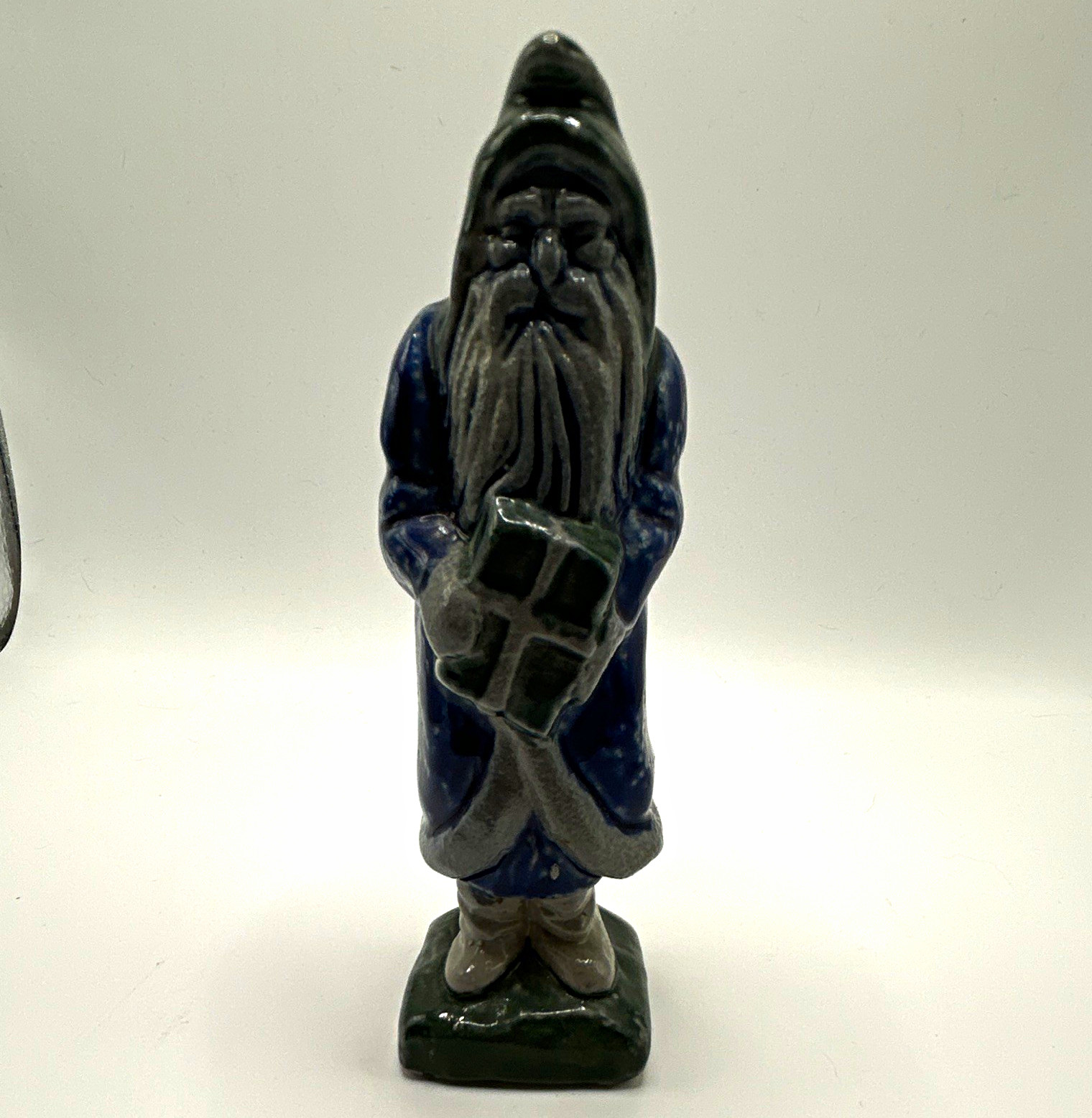 Santa Claus Blue Black Glazed Ceramic Figurine Holding Gift Box Christmas 1 Pack