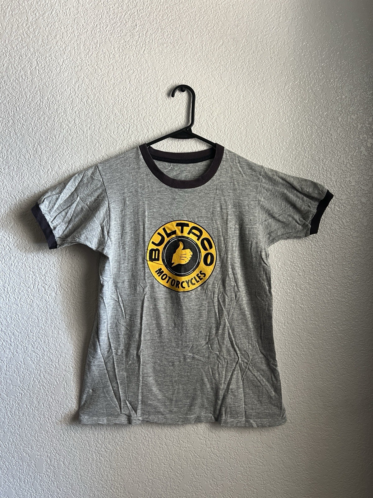 Vintage Men\'s S Gray Bultaco Motorcycles Graphic Ringer T-Shirt Cotton Crew Neck