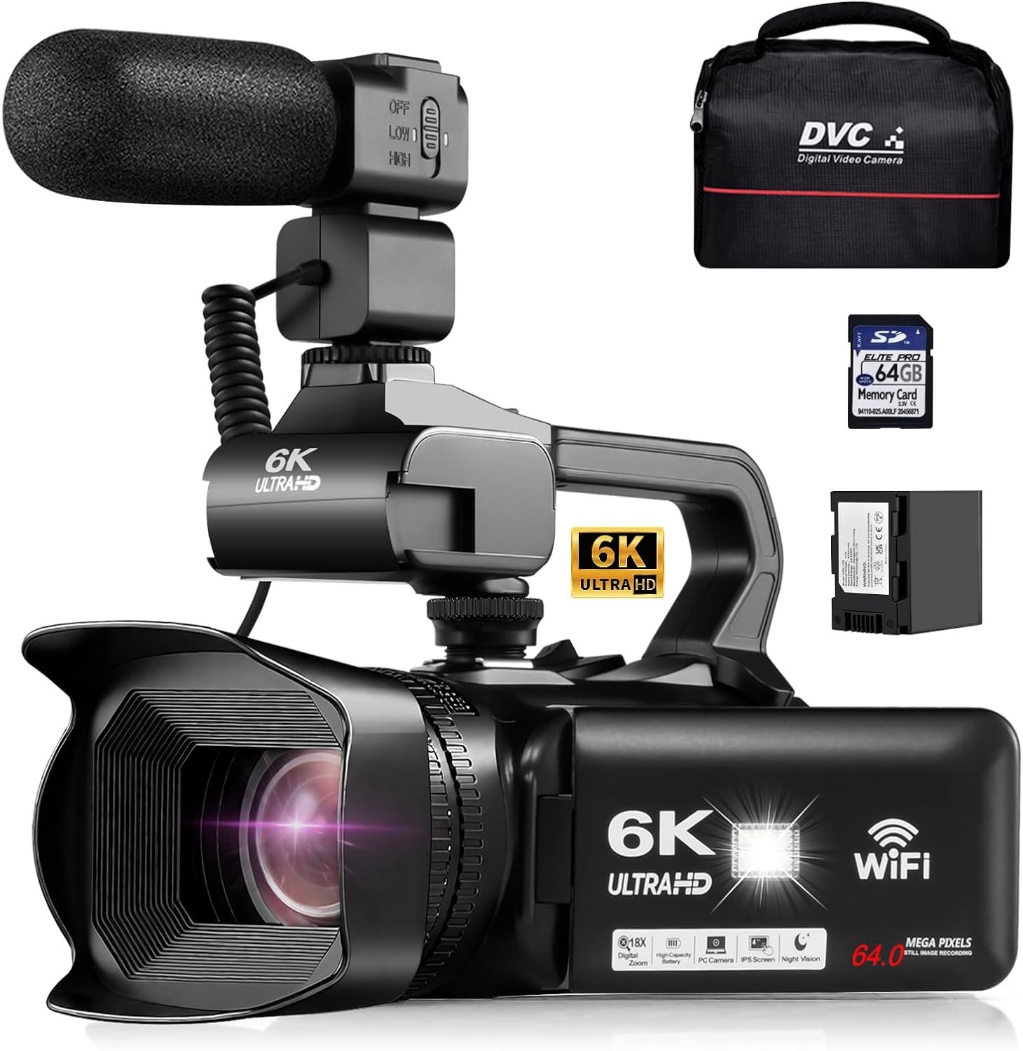 6K UHD Camcorder Video Camera with WIFI, 64MP IR Night Vision 18X Digital Zoom