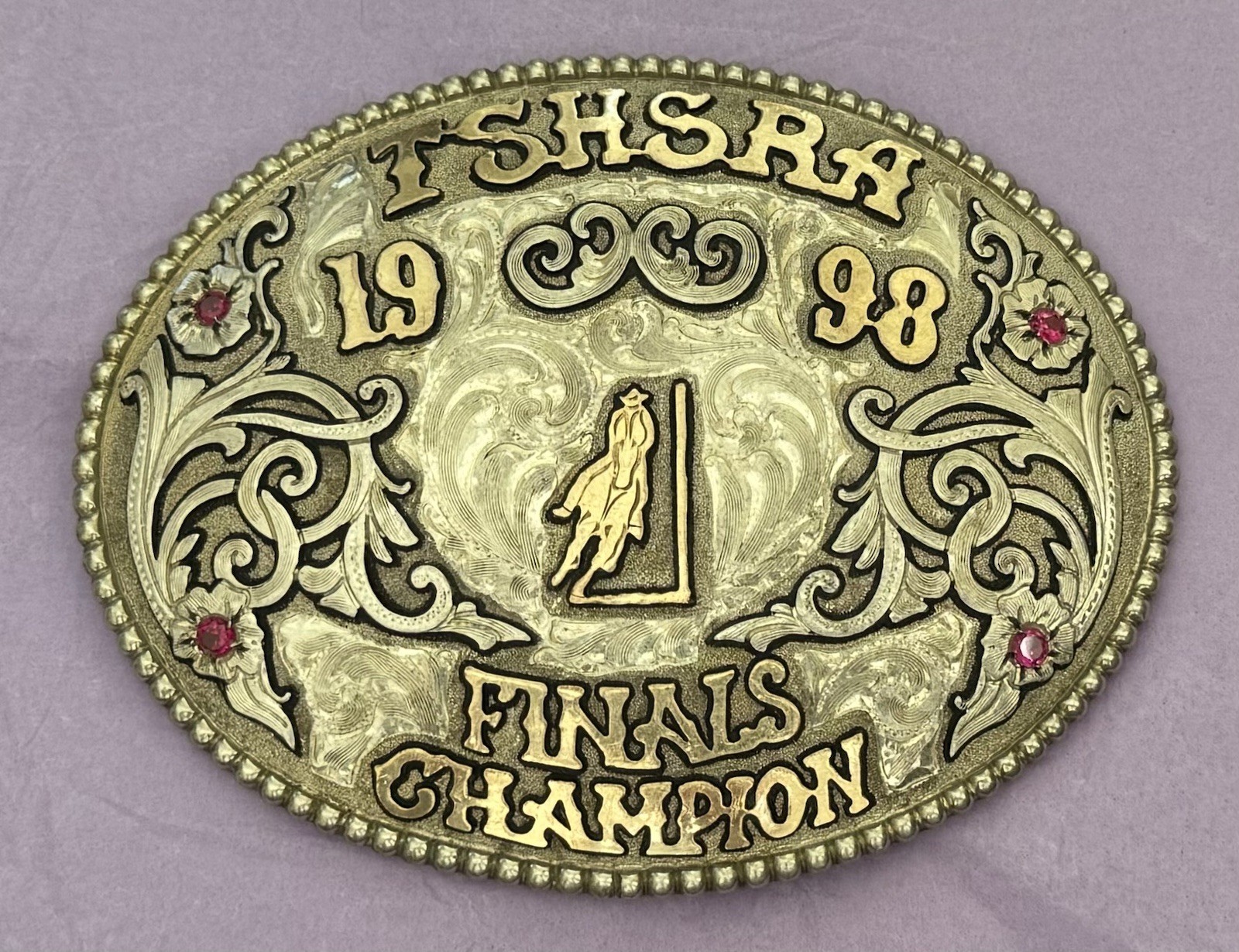 Vintage STERLING SILVER 1998 TSHSRA Rodeo Finals Champion Gem Trophy Belt Buckle