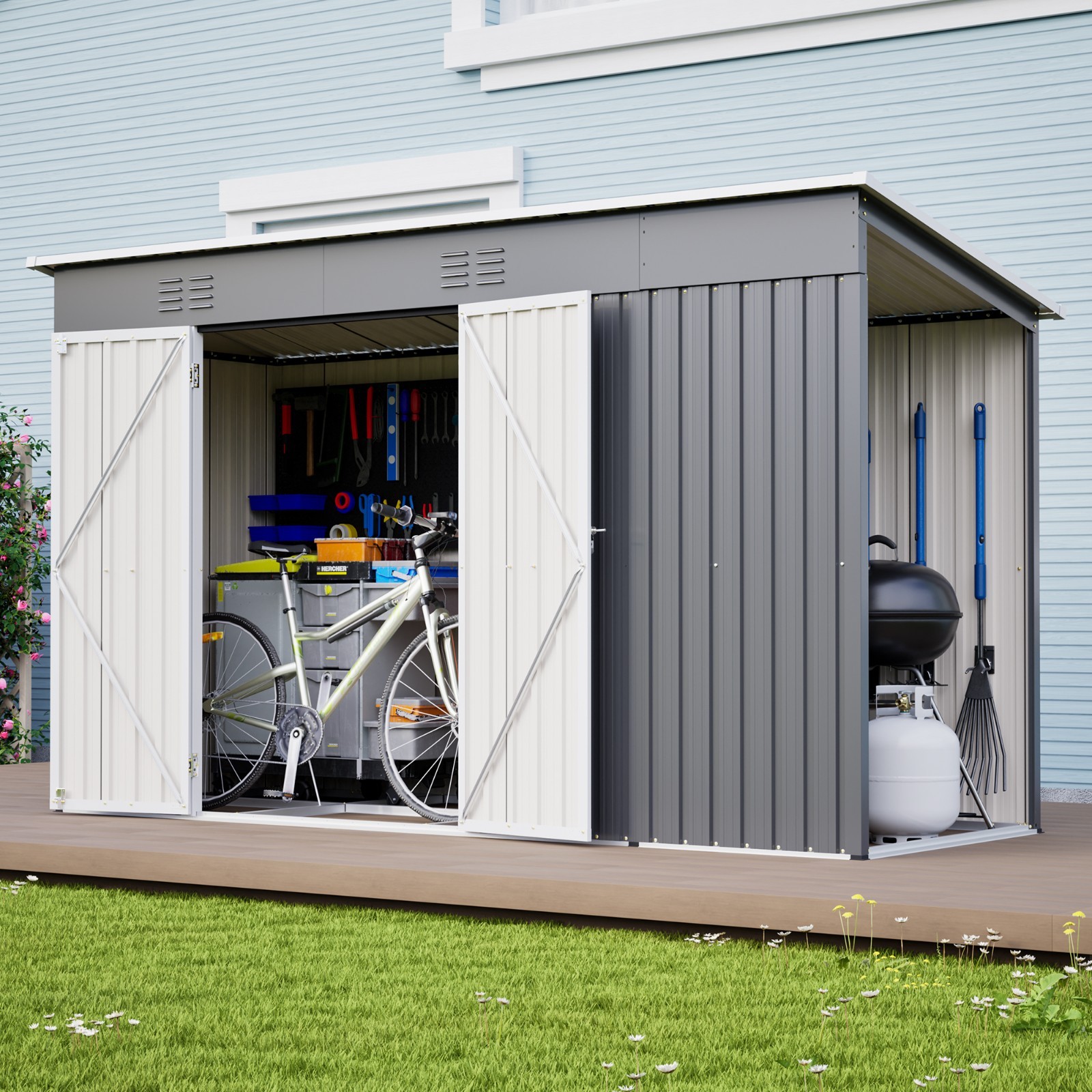 10x4 FT Outdoor Metal Storage Shed Tool Shed w/Lockable Door for Garden Gray
