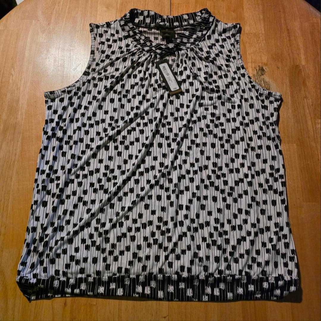 Worthington Black White Sleeveless Blouse Pleated Neck Blouson Hem NWT Size XL