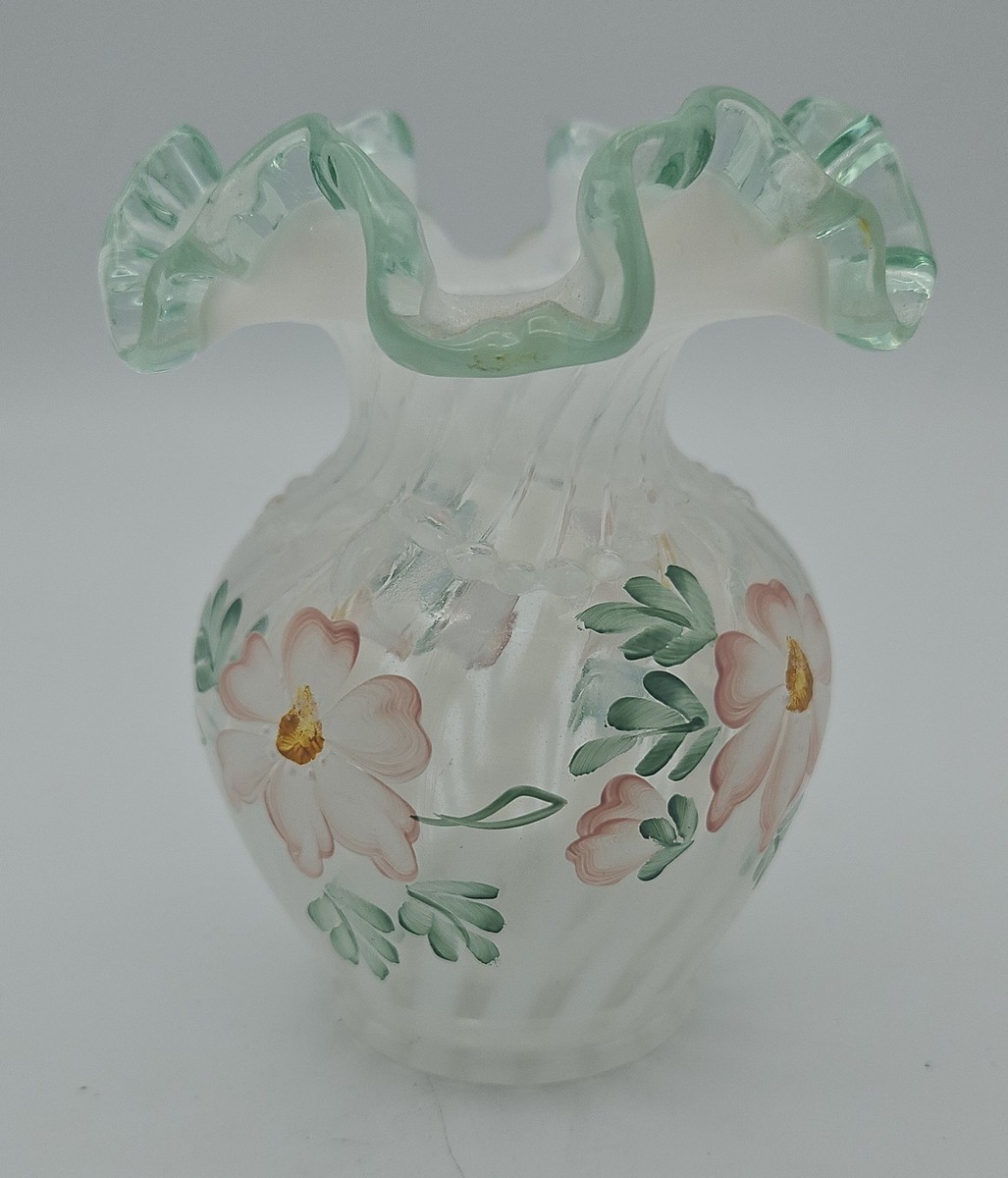 Fenton Hand Painted Wild Rose Satin Glass Vase