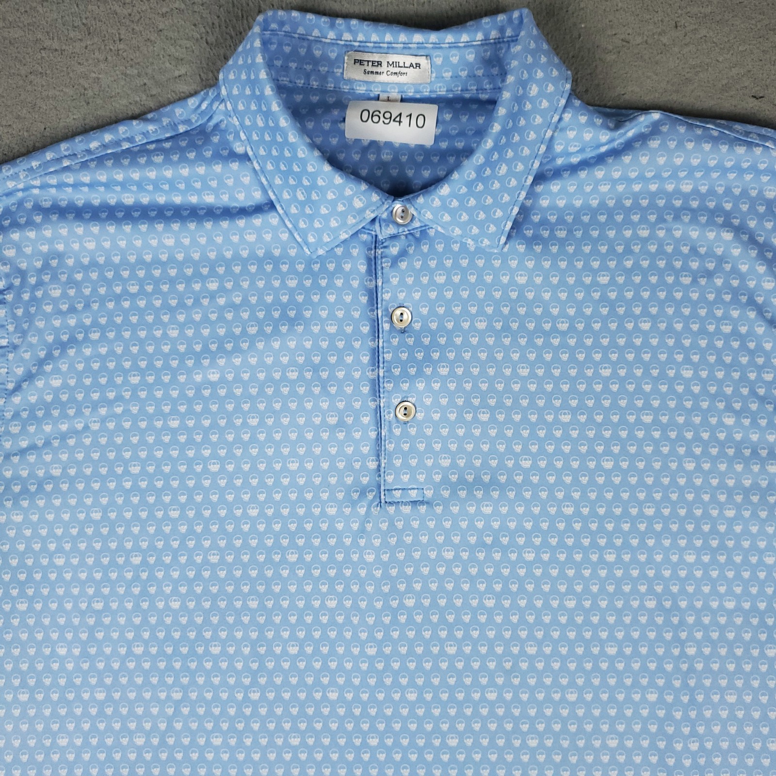 Peter Millar Polo Shirt Mens Large Blue Skull All Over Print Summer Comfort
