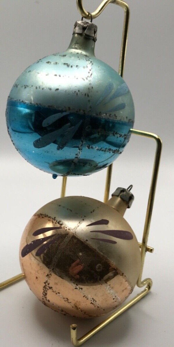 Vintage Poland Christmas Tree Ornaments Mercury Blown Glass Ball Mica Blue Brown Vintage Poland Christmas Tree Ornaments Mercury Blown Glass Ball Mica Blue Brown