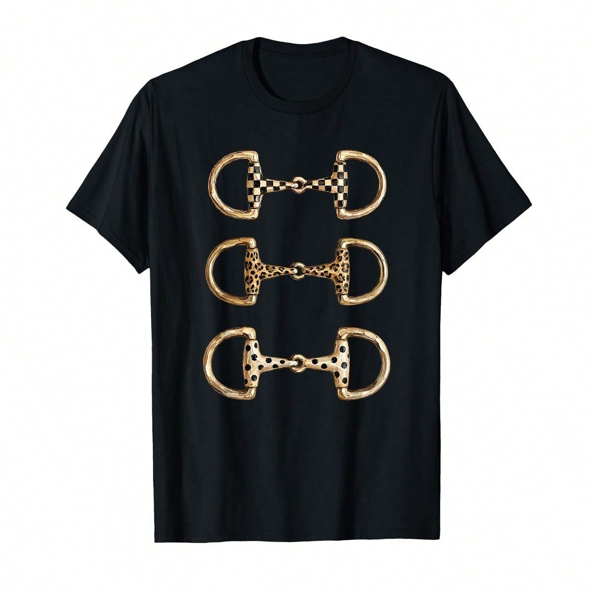 Gold Horse Bit Graphic T-Shirt Equestrian Checkered Leopard Print Black Tee