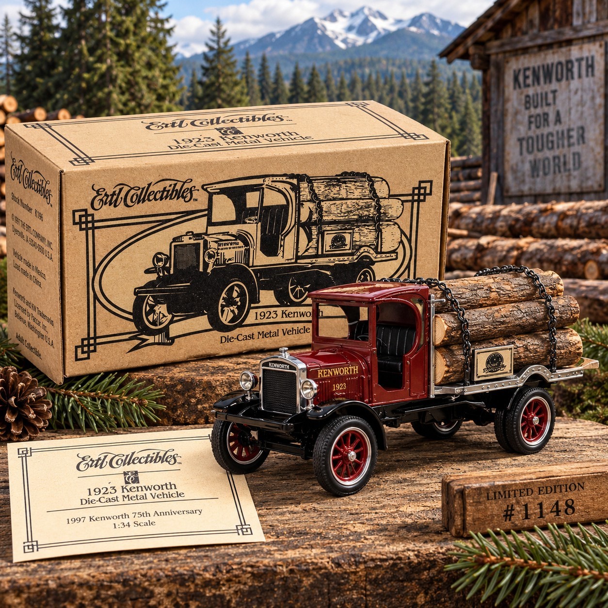 1997 ERTL 1923 Kenworth Logging Truck 1:34 Diecast 75th Anniversary #1148 NIB 1997 ERTL 1923 Kenworth Logging Truck 1:34 Diecast 75th Anniversary #1148 NIB
