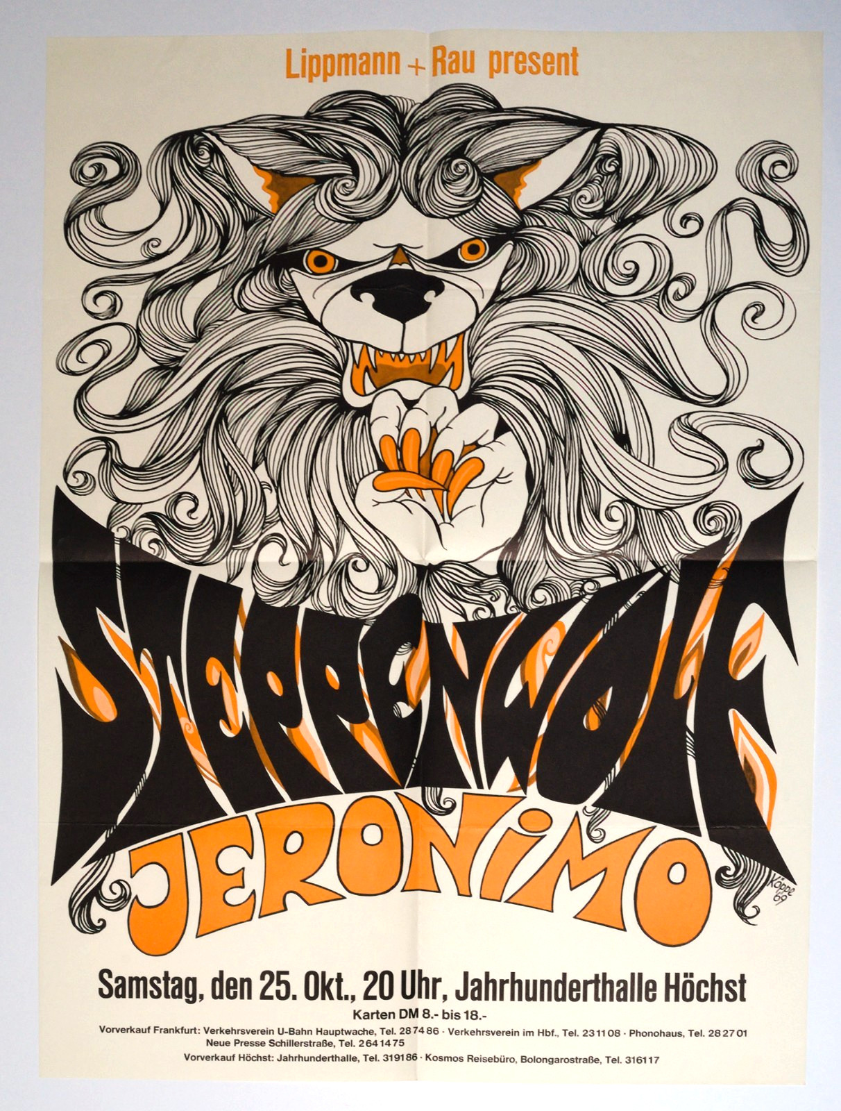 Vintage 1969 STEPPENWOLF & JERONIMO Concert Poster Lippmann + Rau Frankfurt Germ Vintage 1969 STEPPENWOLF & JERONIMO Concert Poster Lippmann + Rau Frankfurt Germ