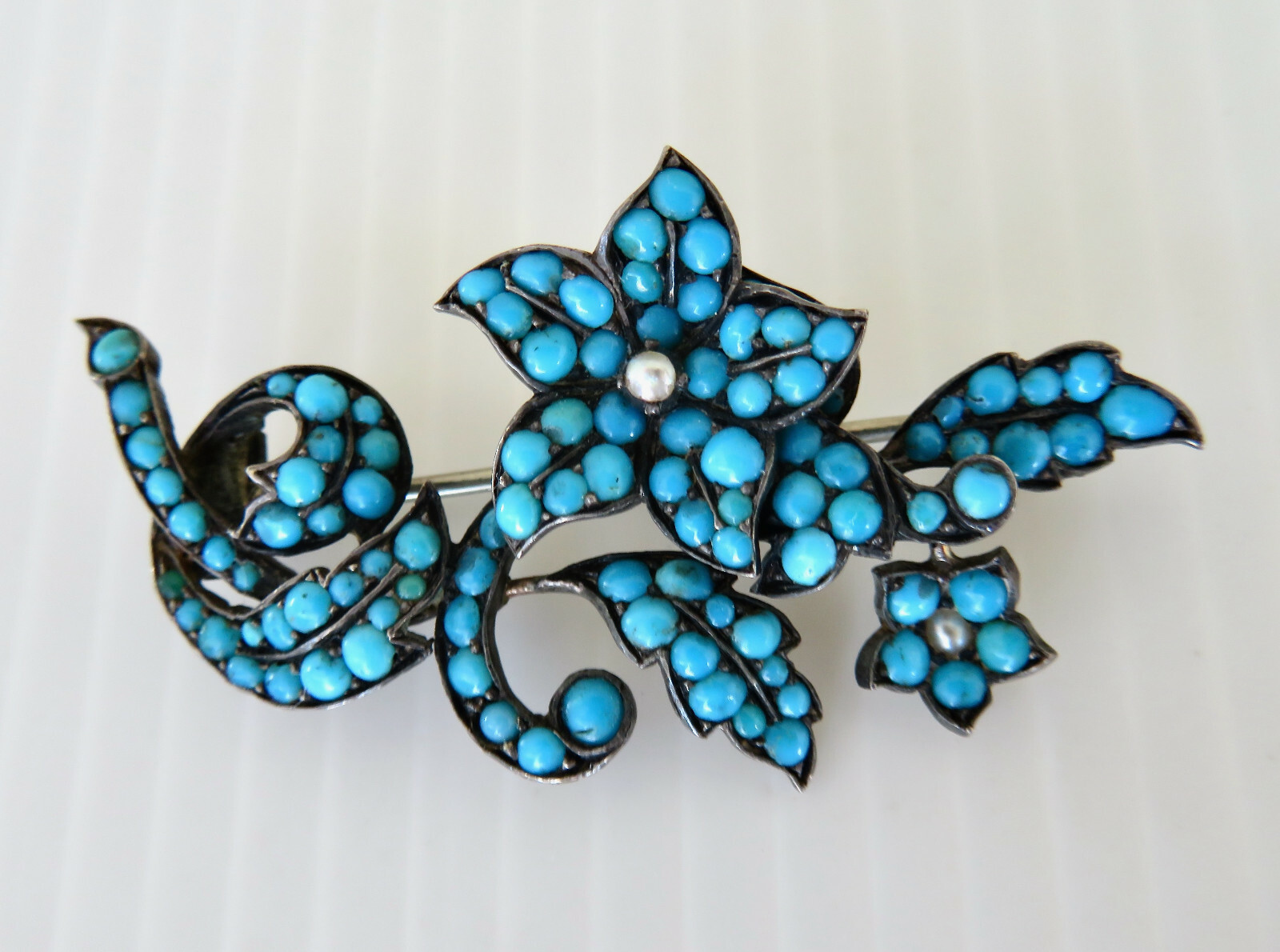 Early Victorian Silver Turquoise Bead Pearl Brooch Pin Forget-Me-Not Flowers