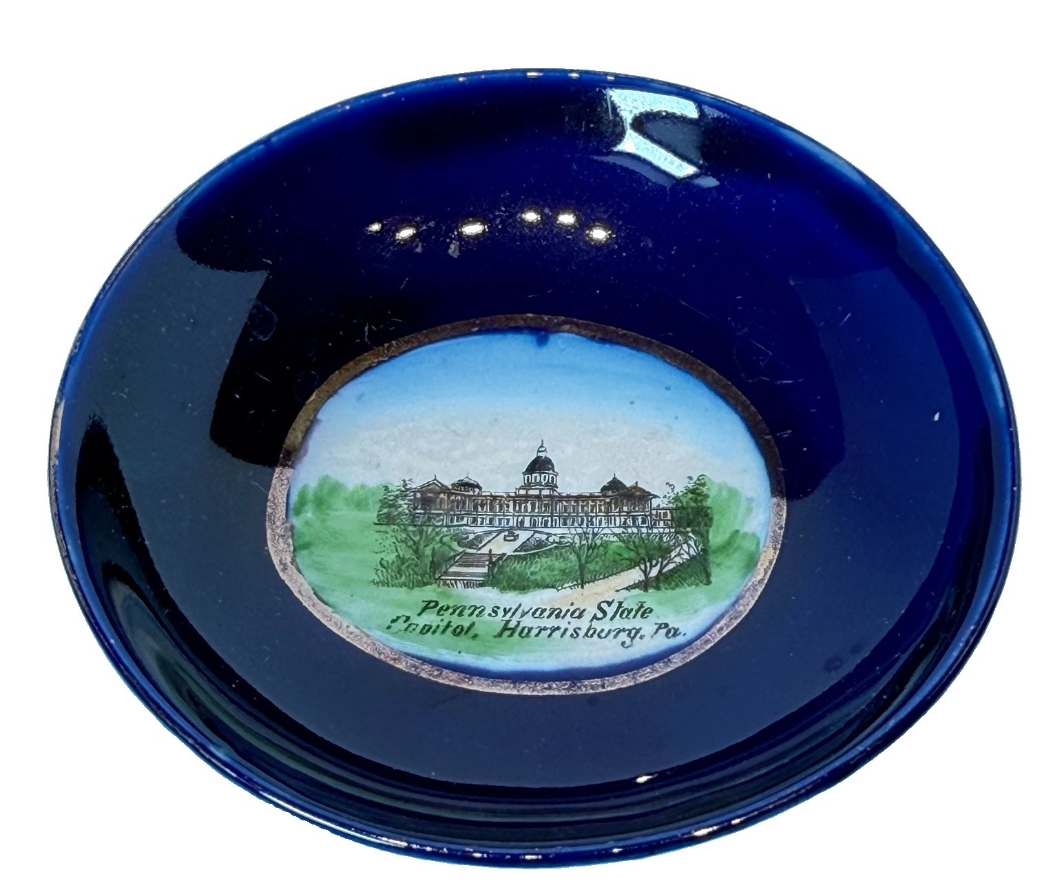 HARRISBURG PA Pennsylvania CAPITOL Antique COBALT Souvenir TRINKET DISH