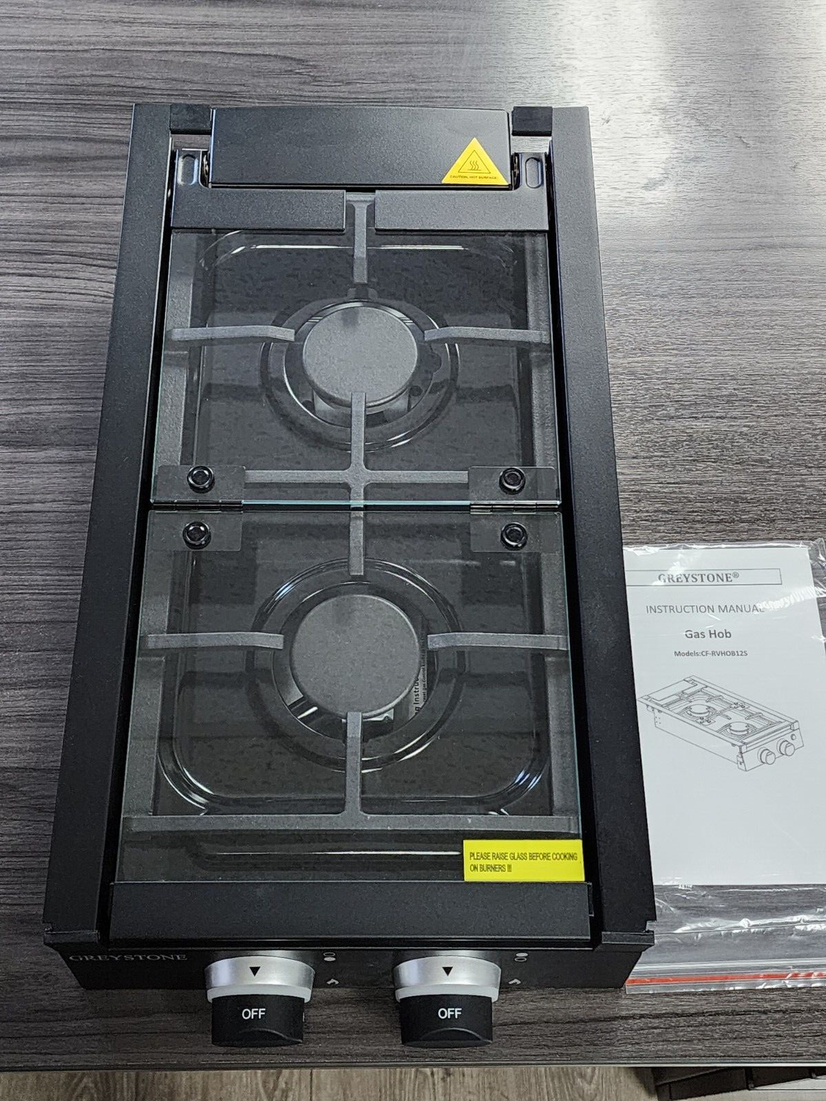 Greystone RV Gas Double Burner Cooktop w/ Hinged Tempered Glass Cover Greystone RV Gas Double Burner Cooktop w/ Hinged Tempered Glass Cover