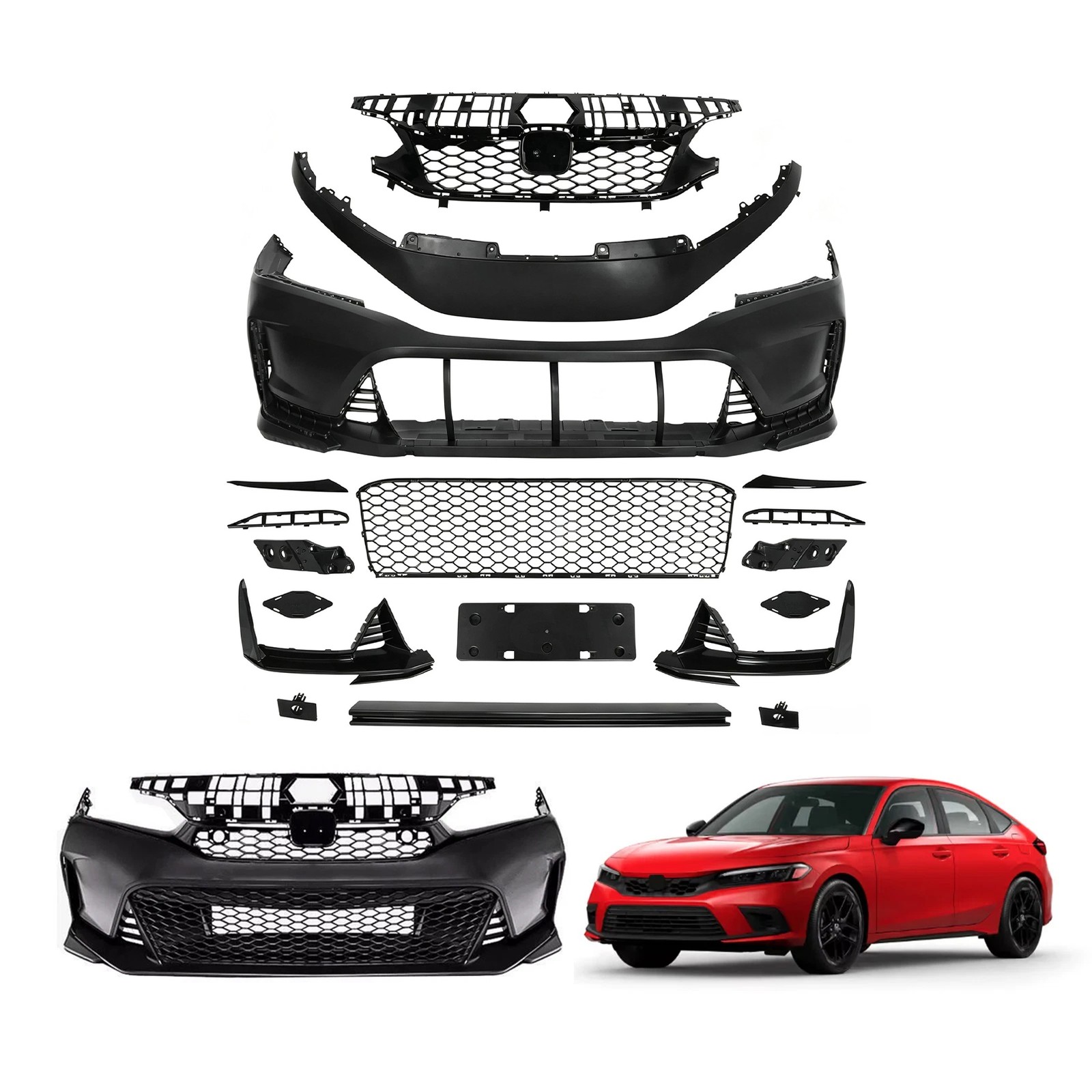 Type R Style Front Bumper Cover Complete For 2022-2026 Honda Civic Sedan