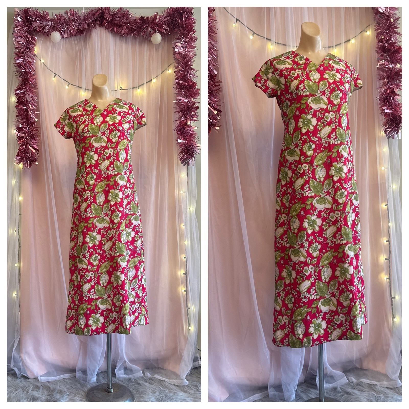 Vintage 60s Dress Maxi Pink Floral Print Mod Boho MuuMuu Handmade XS/S