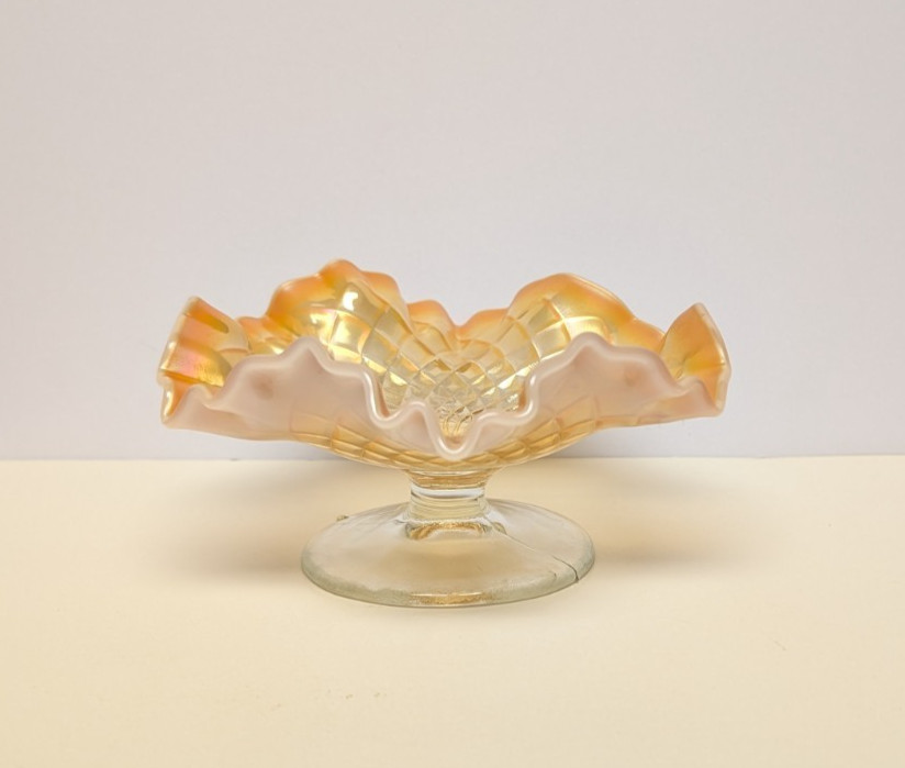 Antique Dugan Peach Opal Fan Ruffle Carnival Glass Iridescent Compote Candy Dish