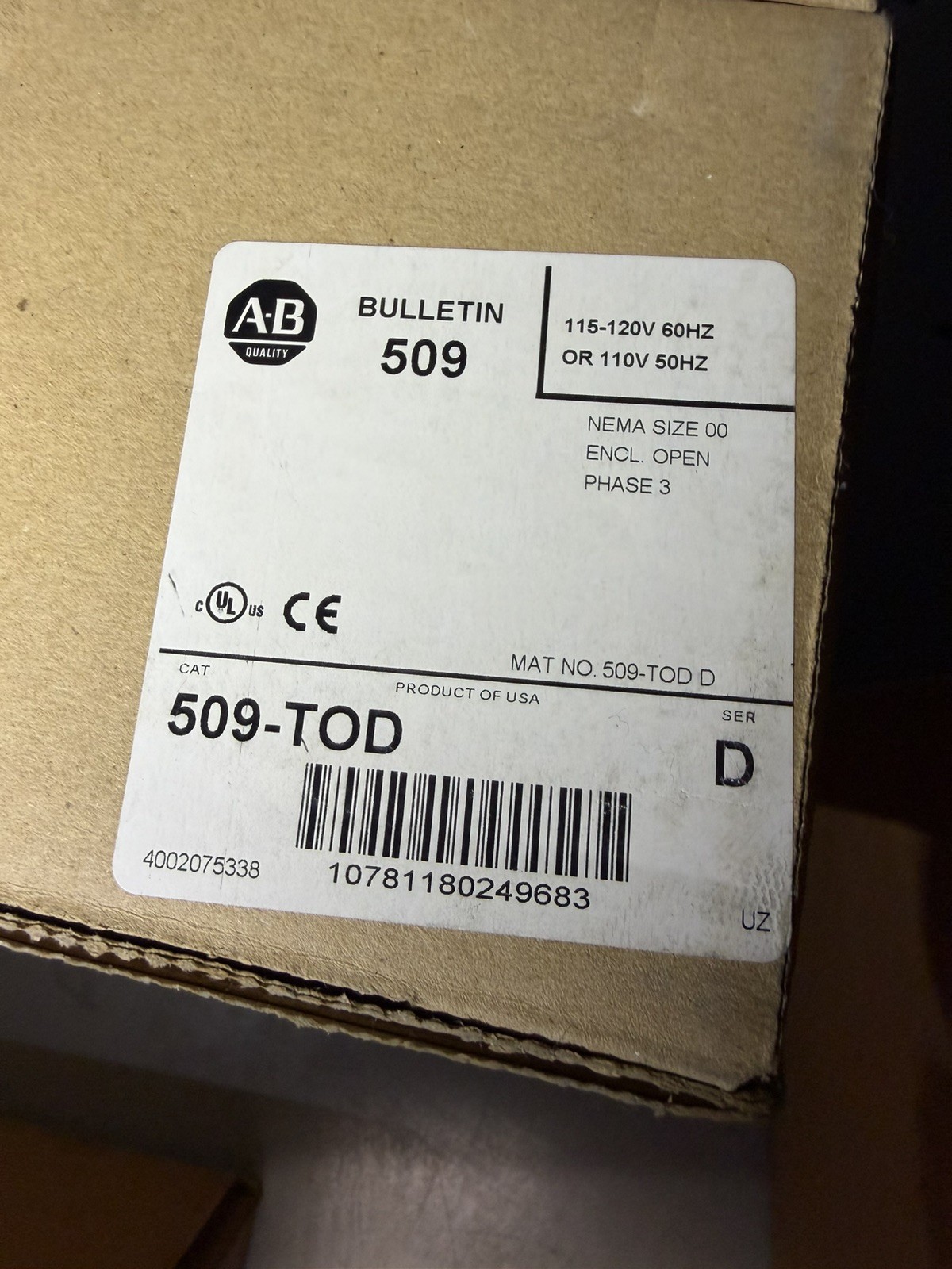 NEW Allen-Bradley 509-TOD NEMA Non-Reversing Motor Starter 120V Coil Size 0 Open NEW Allen-Bradley 509-TOD NEMA Non-Reversing Motor Starter 120V Coil Size 0 Open