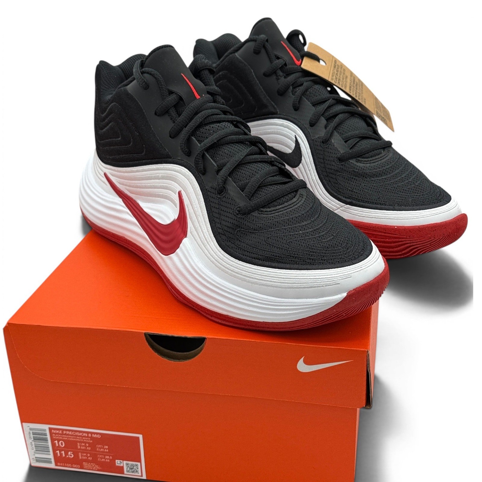 Nike Men Precision 8 Mid Black 10 NEW Red White Basketball Shoe IH1105-003