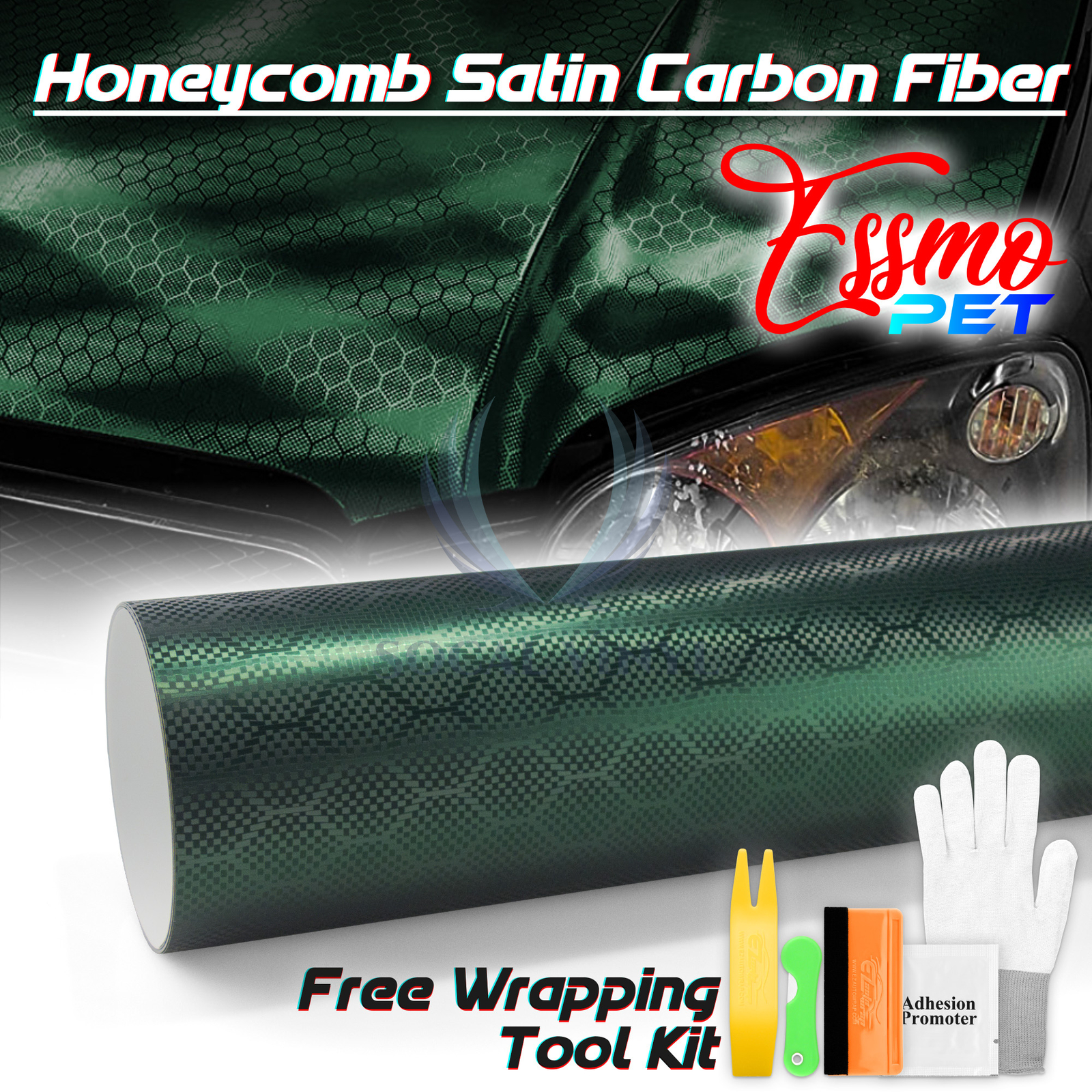 PET Honeycomb Carbon Fiber Satin Venom Green Hex Vehicle Vinyl Wrap Decal Sheet PET Honeycomb Carbon Fiber Satin Venom Green Hex Vehicle Vinyl Wrap Decal Sheet