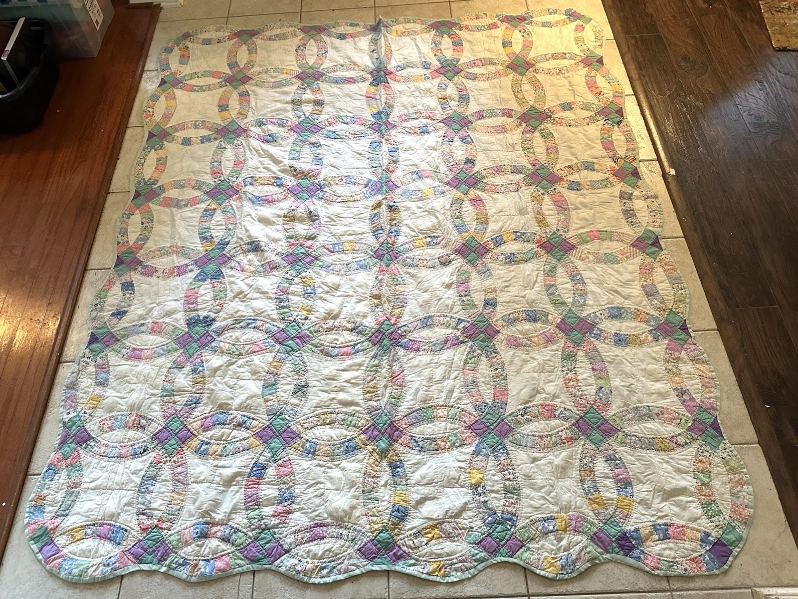 Antique Gorgeous Feed Sack Double Wedding Ring Quilt Hand Stitched 74” x 86” Antique Gorgeous Feed Sack Double Wedding Ring Quilt Hand Stitched 74” x 86”