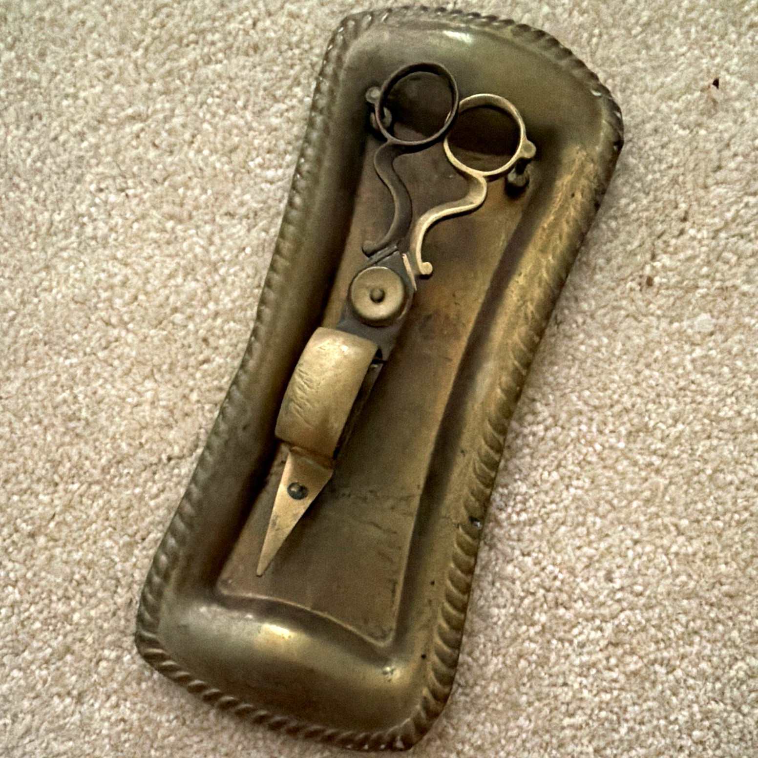 Antique Brass Candle Wick Snuffer Scissors w/ Matching Tray Victorian Style