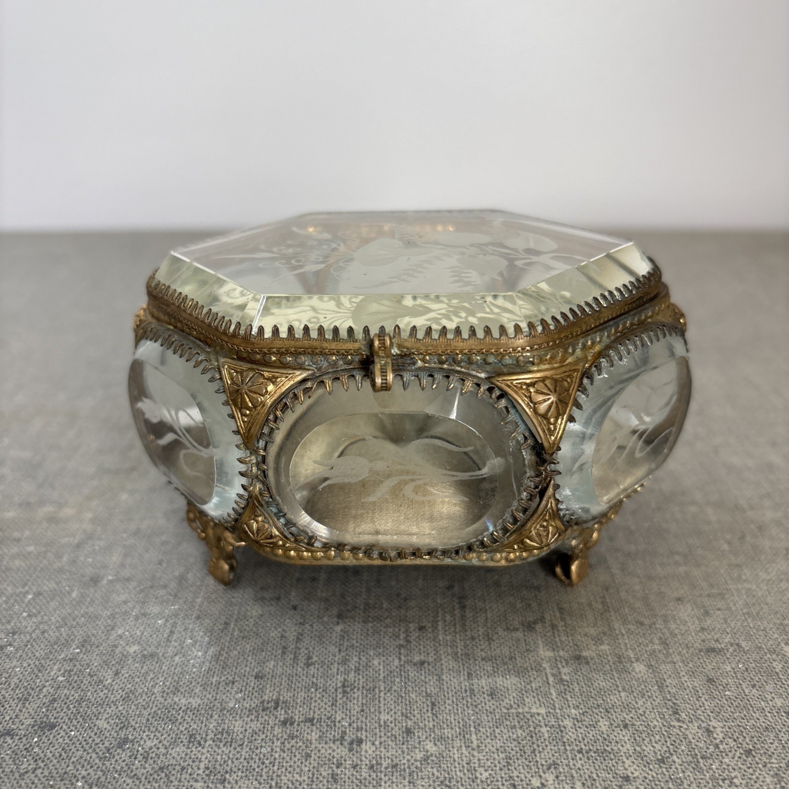 ANTIQUE FRENCH CASKET JEWELRY BOX ORMOLU FROM FRANCE ETCHED FLOWERS FOOTED