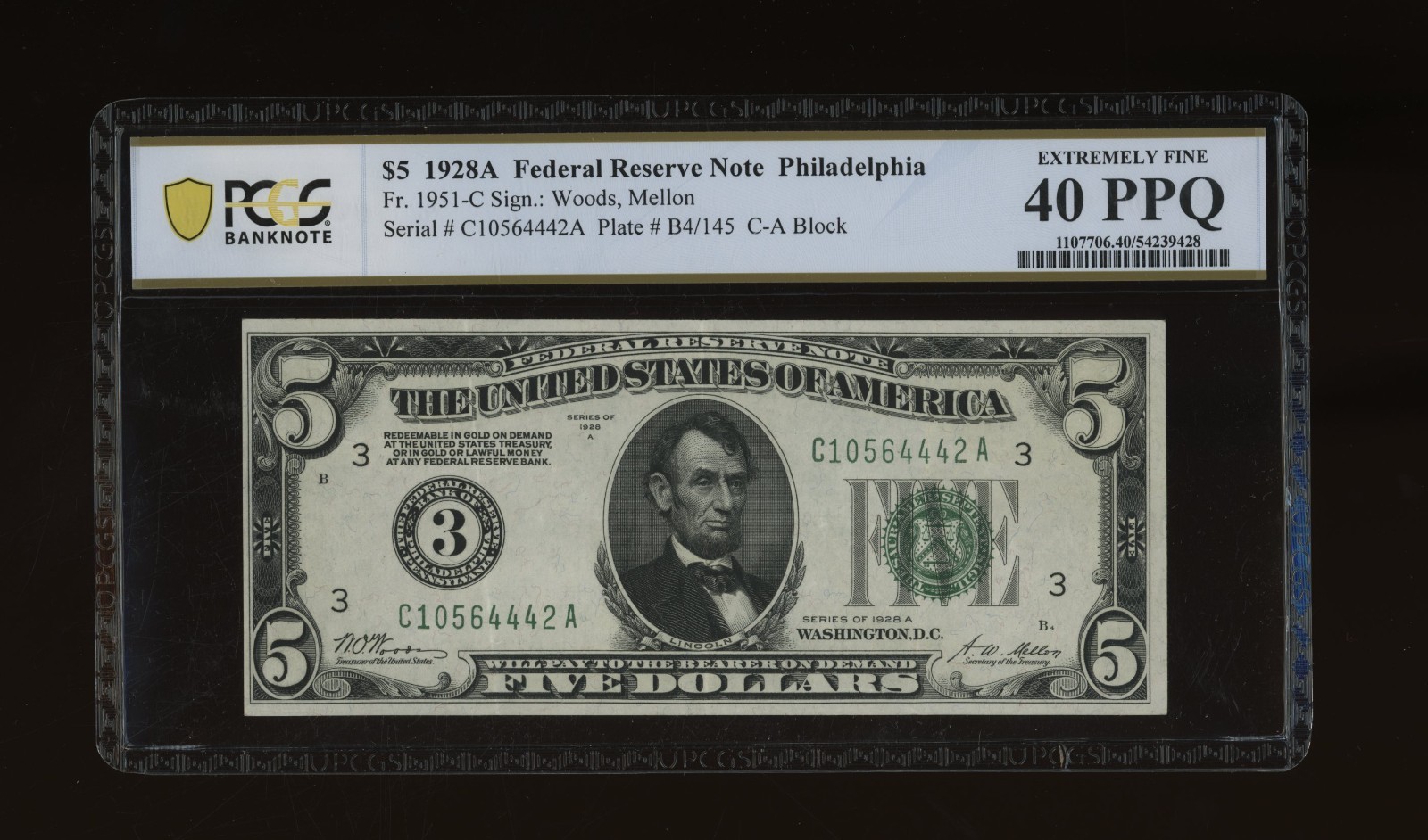 DBR 1928-A $5 FRN Philadelphia Numeral Fr. 1951-C PCGS-B 40 PPQ Ser # C10564442A